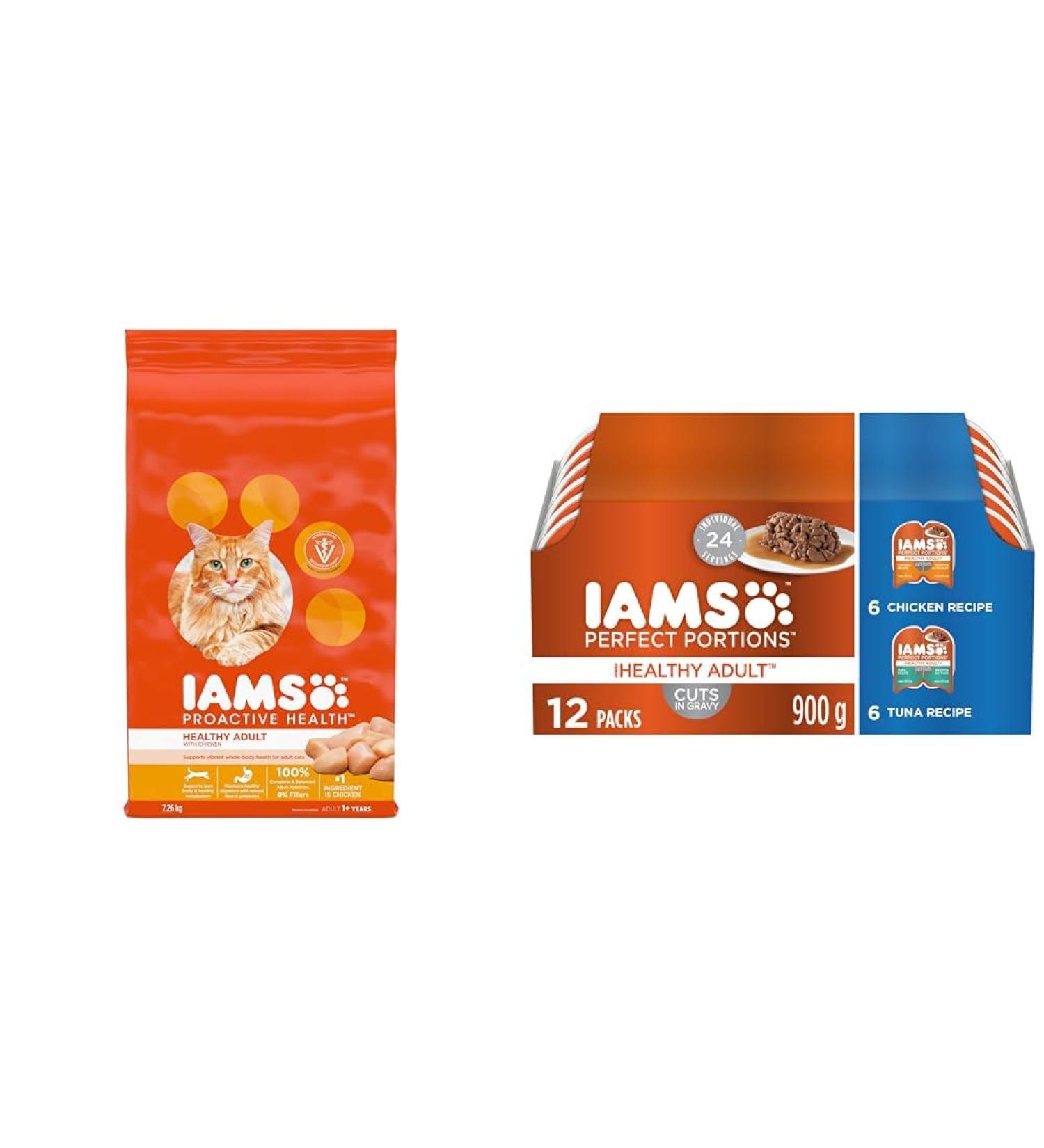 IAMS Proactive Health Healthy Adult Dry Cat Food with Chicken 7.26kg Bag & Perfect Portions Healthy Wet Cat Food Adult Grain Free Cuts in Gravy - Chicken and Tuna 12CT Multipack 75g Tray 7.26 kg (Pack of 1) Dry Cat Food + Wet Cat Food - Buy Online on GoSupps.com