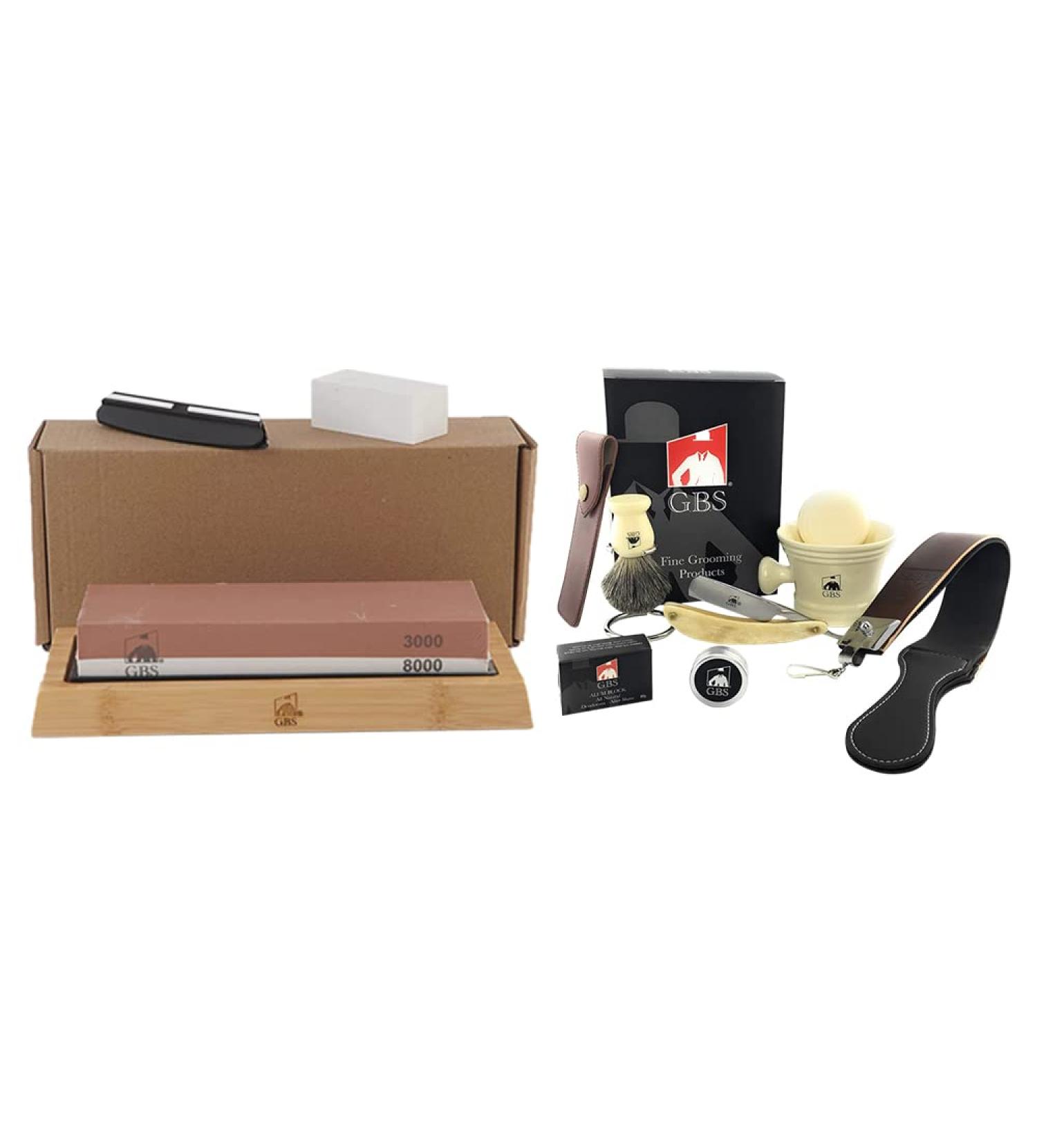 G.B.S Whetstone Knife Sharpening Stone 2 Sided and Shaving Set - Straight Razor Honing Strop Leather Case Ceramic Mug Shaving Brush - Ivory - Buy Online on GoSupps.com
