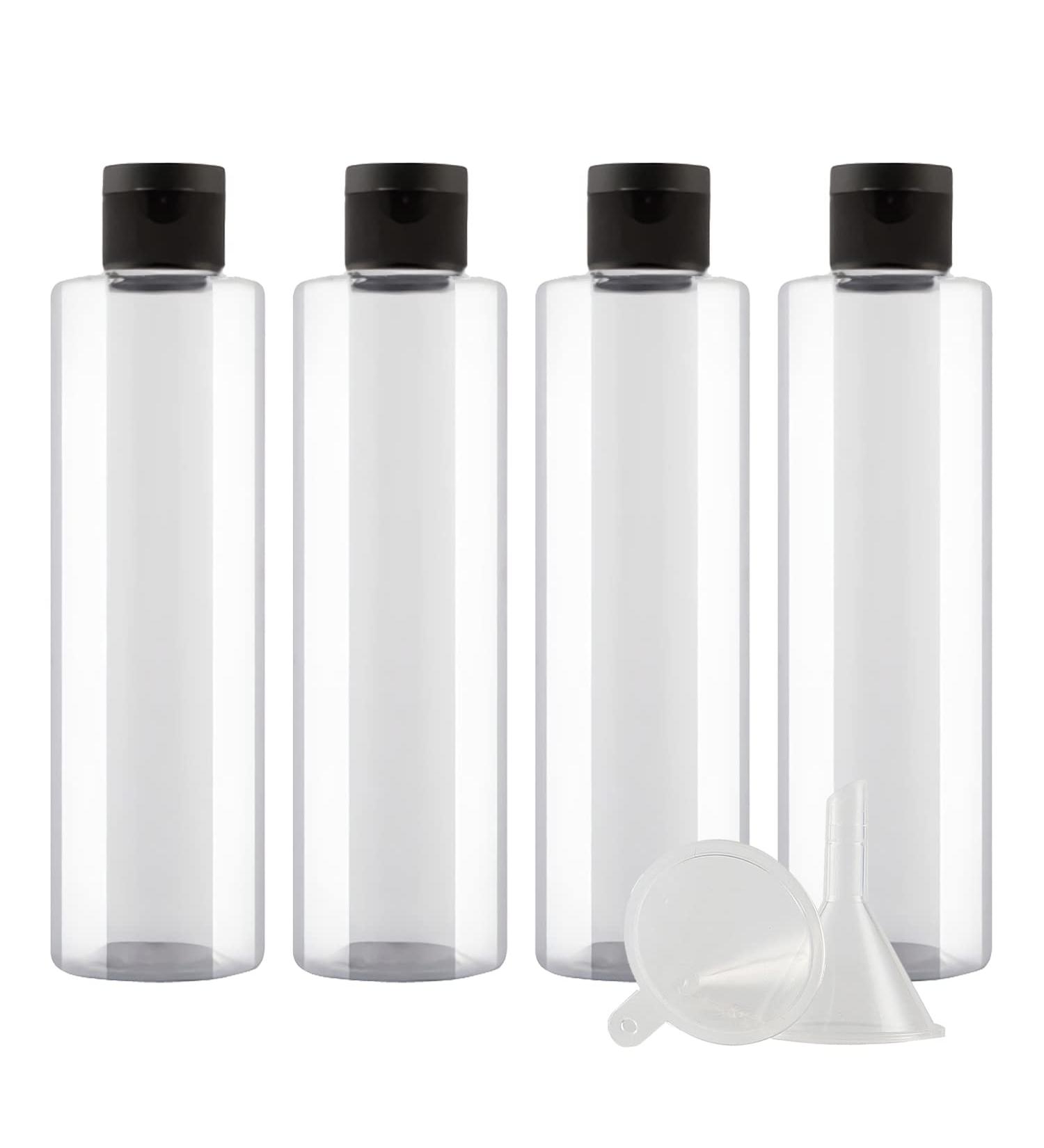 Zeoabsy 4-Pack 250ml Transparent PET Plastic Bottles with Black Hinged Lid - Portable Travel Containers for Cosmetic Fluids & Oils - Buy Online on GoSupps.com