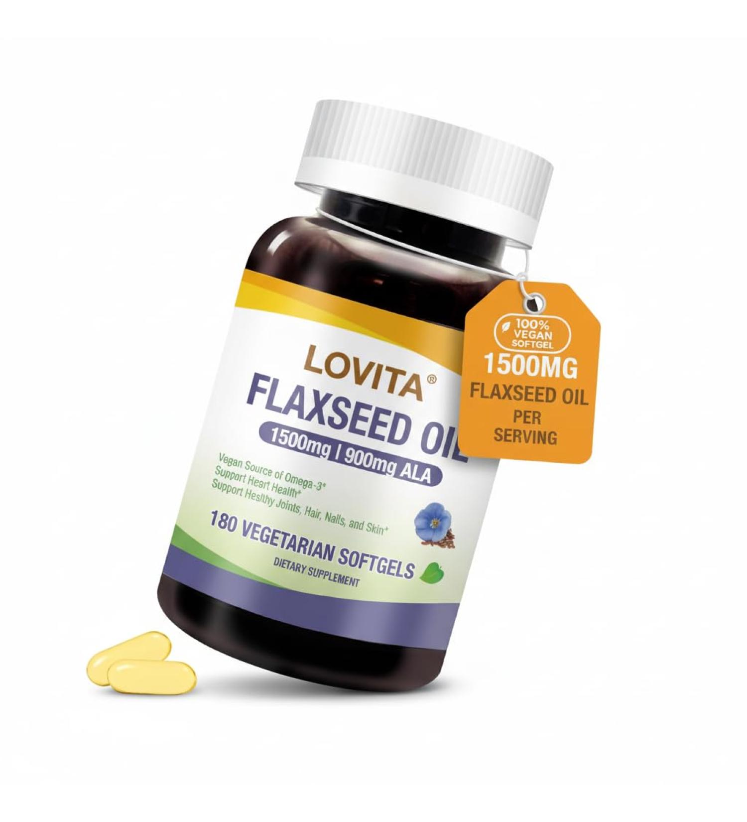 LOVITA Vegan Flaxseed Oil 1500mg with 900mg ALA Omega-3 6 9 Cold-Pressed Flax Seed Supplement Support Heart Brain Joint & Skin Health Non-GMO & Gluten Free 180 Softgels 180 Count (Pack of 1) Standard Packaging - Buy Online on GoSupps.com