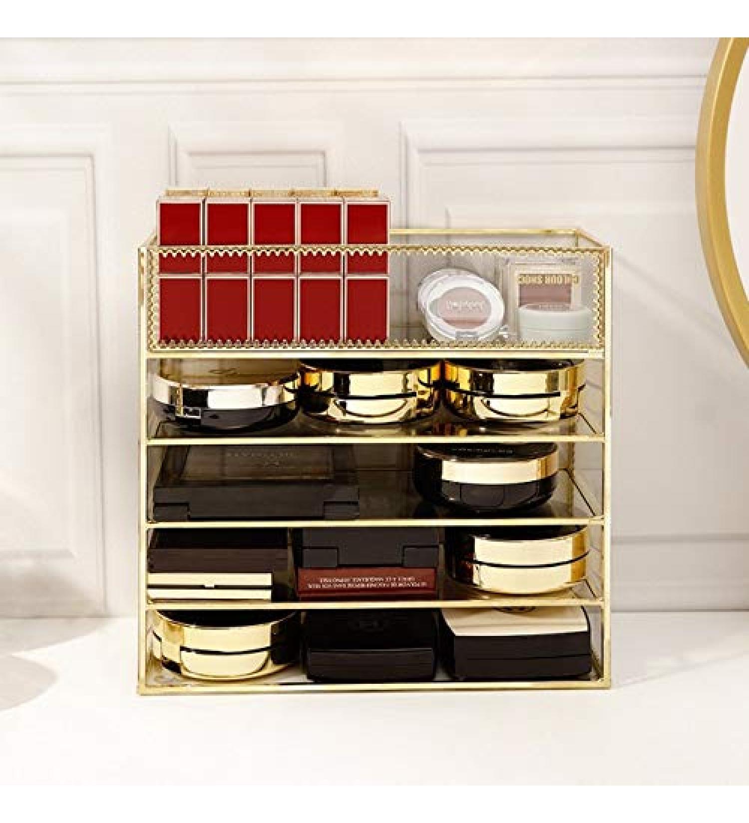 Anncus Fashion Gold Glass Desktop Makeup Organizer Makeup Powder Storage Box Lipstick Holder Perfume Organizer Eye Shadow Storage Box - (Color: Gold) - Buy Online on GoSupps.com