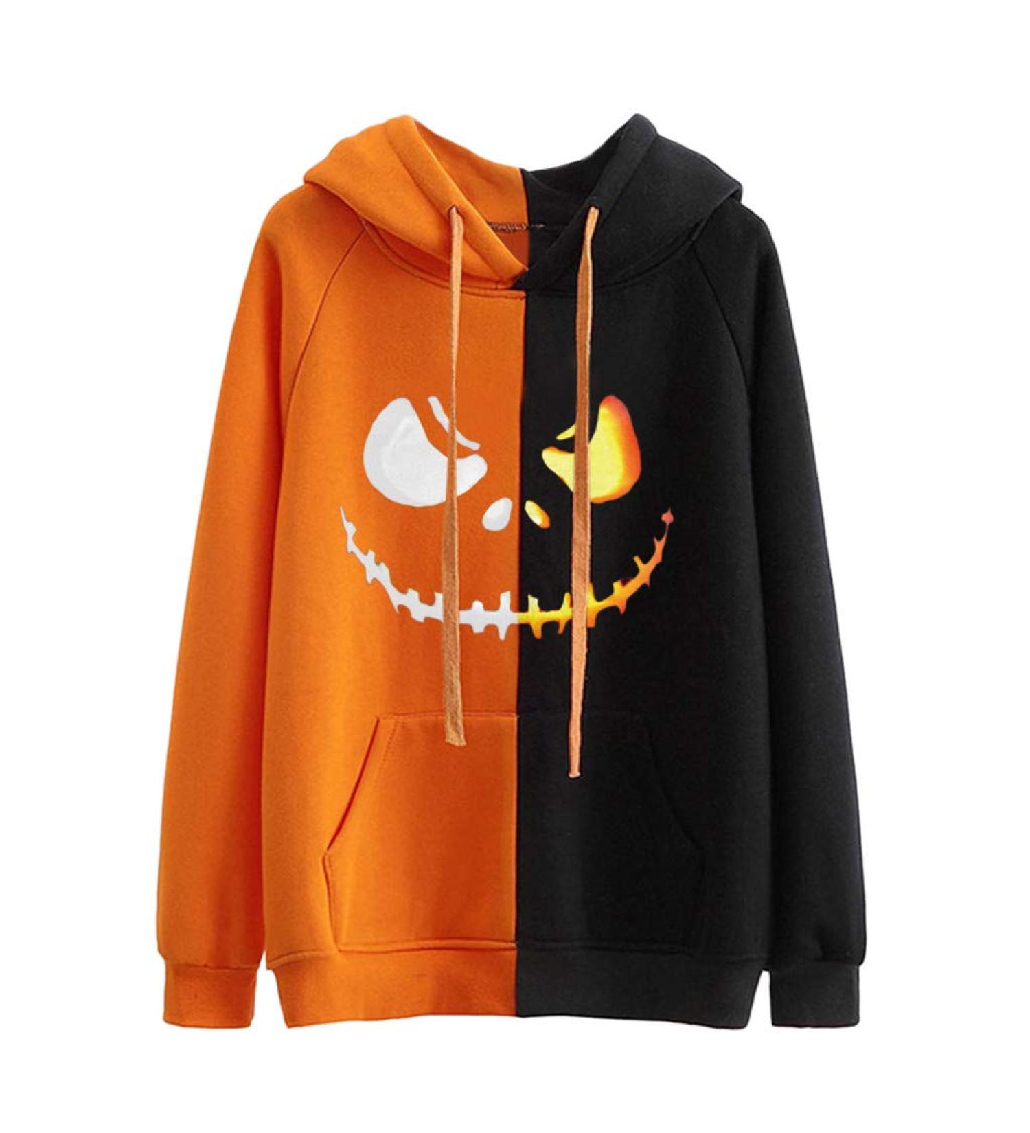 Bigfanshu Women's Two-Color Stitching Weird Face Print Hoody Long Sleeve Halloween Pullovers Sweatshirts Casual Tops Orange - Buy Online on GoSupps.com