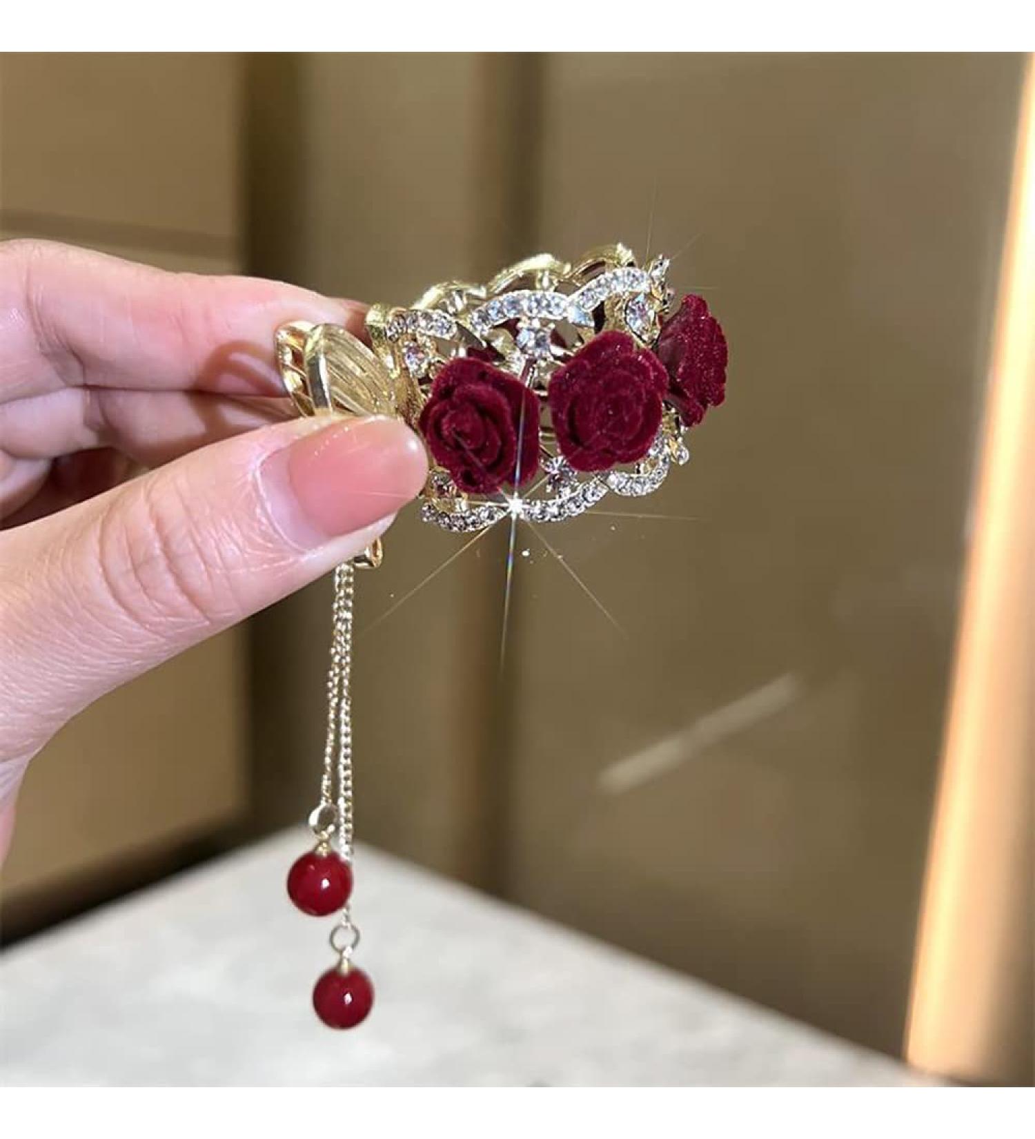 Red Rhinestone Hair Clip - Metal Rose Barrette Ponytail Clip for Girls | Non-slip Hair Claw with Tassel Detail - Decorative Hairpin Accessory (1Pcs) - Buy Online on GoSupps.com