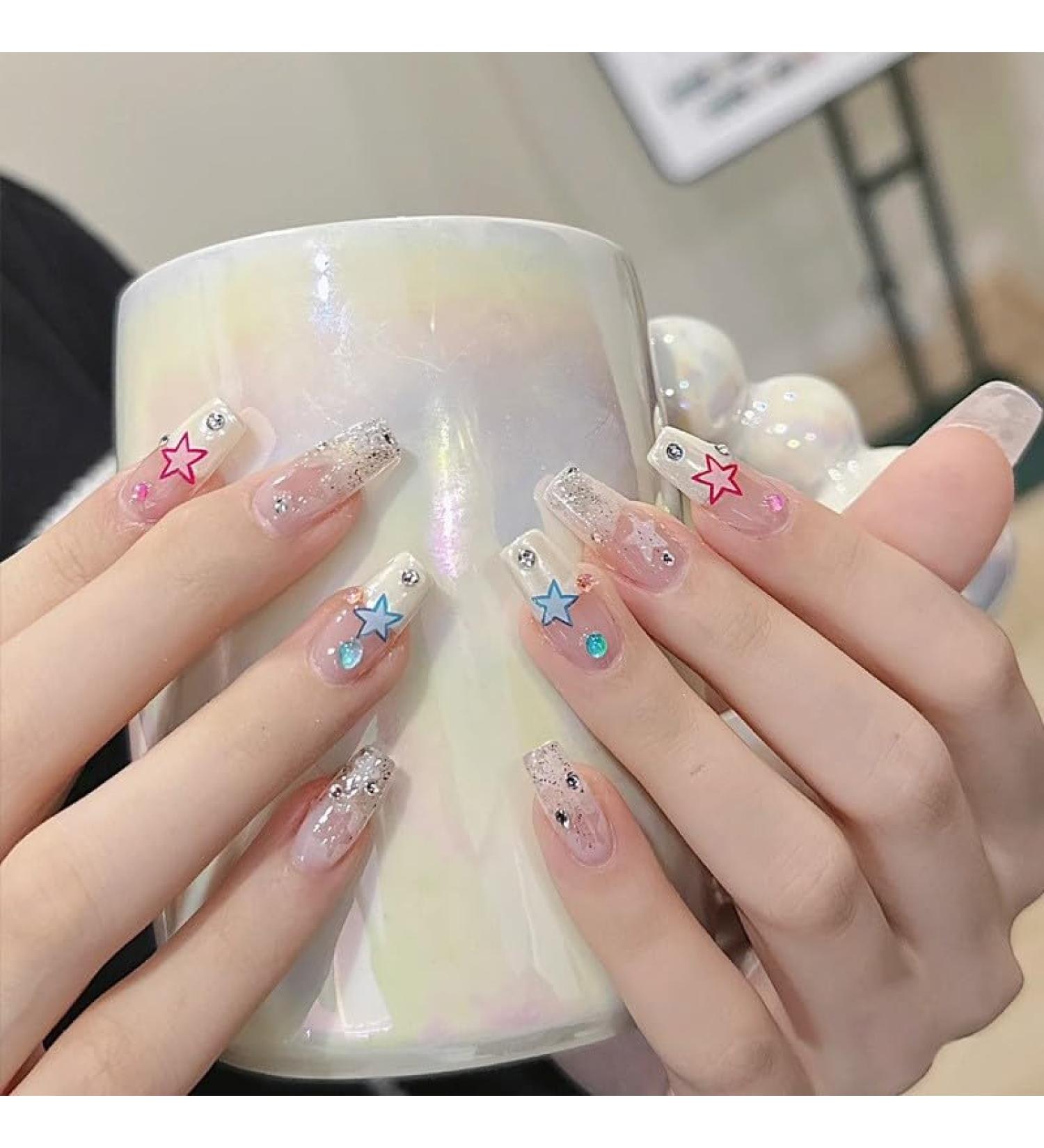 24Pcs/Set Press On Nails Long Star Design With Diamond False Nails Acrylic Fake Nails Full Cover Nails Tips Artificial Finger Manicure Press on nails for Women and Girls - Buy Online on GoSupps.com