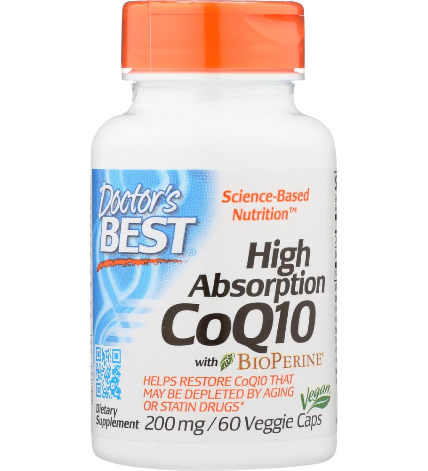 Doctor's Best High Absorption CoQ10 200 mg - 60 Vegetarian Capsules | Premium Heart Health Supplement | International Shipping Available - Buy Online on GoSupps.com