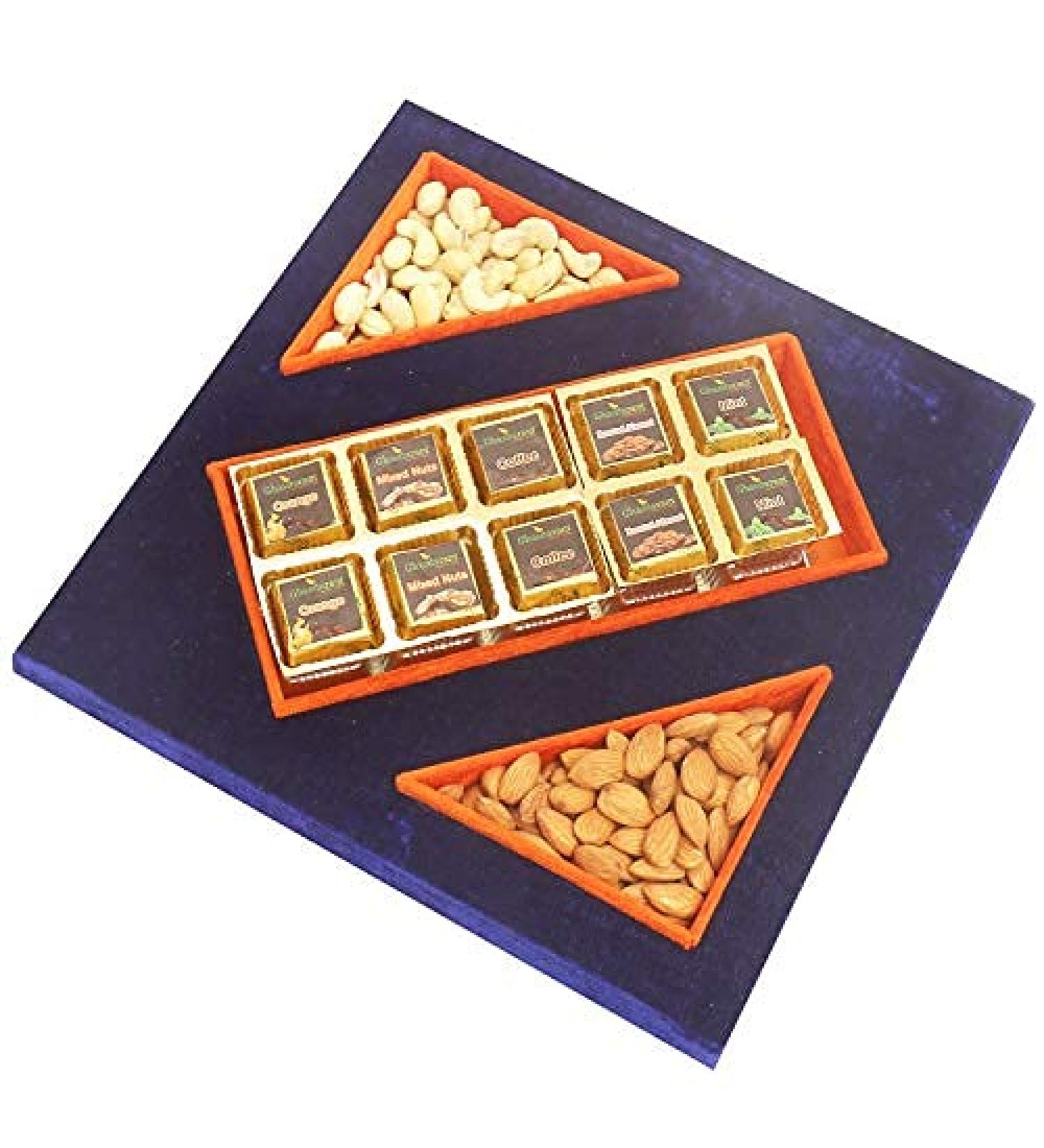 Ghasitaram Gifts Diwali Gifts Diwali Dryfruits - Blue Velvet Tray of Assorted Chocolates Almonds and Cashew Pouches Diwali Tray of Chocolates Almonds and Cashew - Buy Online on GoSupps.com