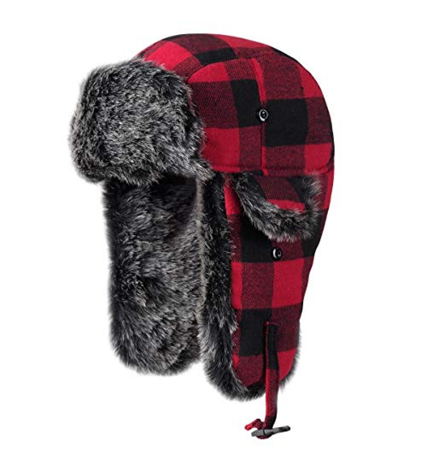 ONWAY Buffalo Plaid Aviator Fur Trapper Hat Ushanka Russian Bomber Hat Red - Buy Online on GoSupps.com