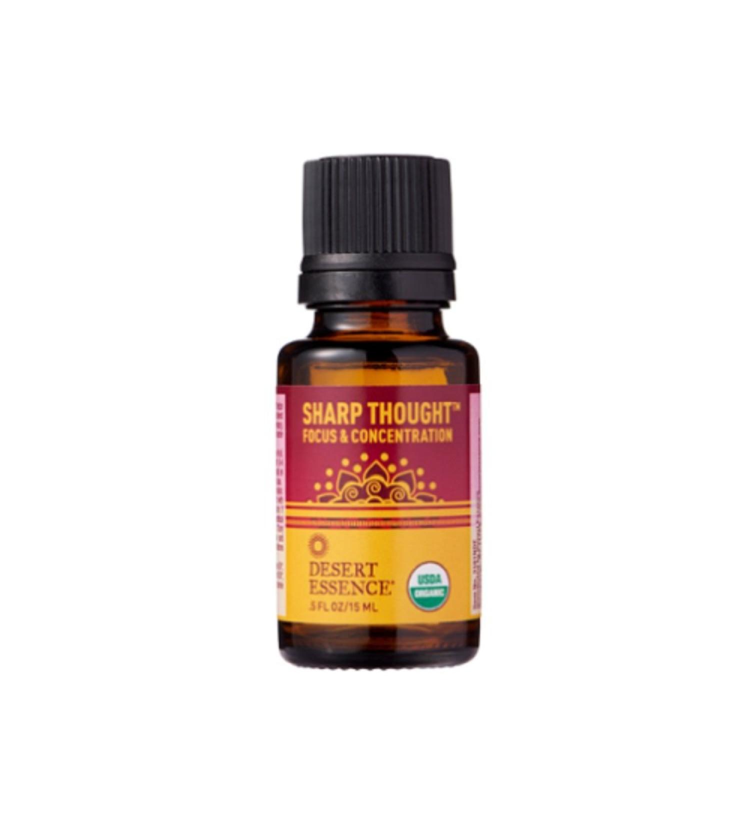 Desert Essence Organic Essential Oil - Sharp Thought - Focus & Concentration - .5 Fl Oz - Freshens Air - Promotes Peace & Comfort - Peppermint & Rosemary Oils - Certified USDA Sharp Thoughts 0.5 Fluid Ounce