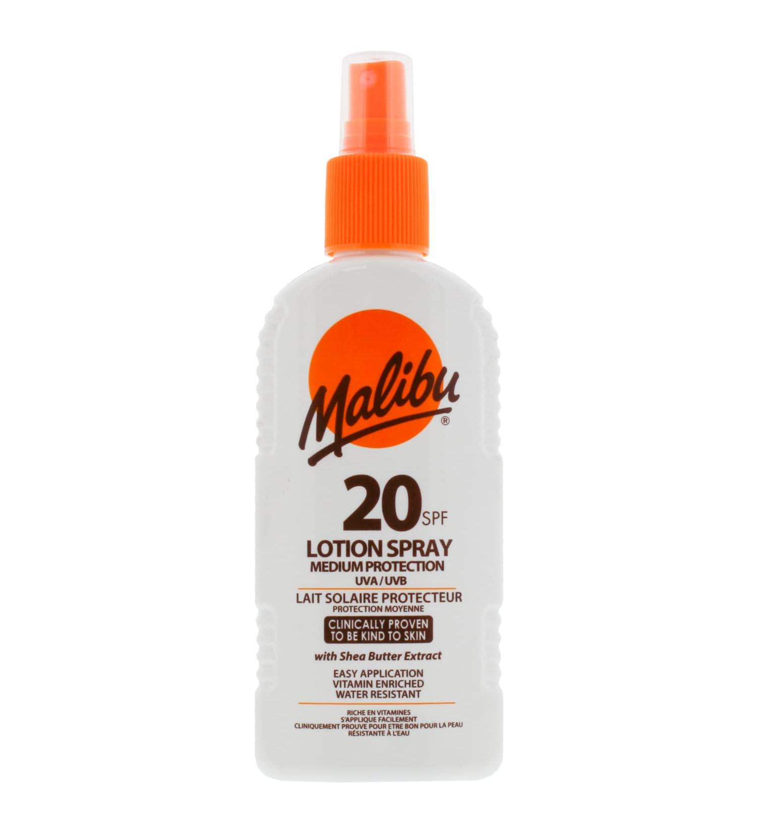 Malibu Sun SPF 20 Lotion Spray 200ml - Medium Protection, Water Resistant with Vitamin Enrichment - Buy Online on GoSupps.com