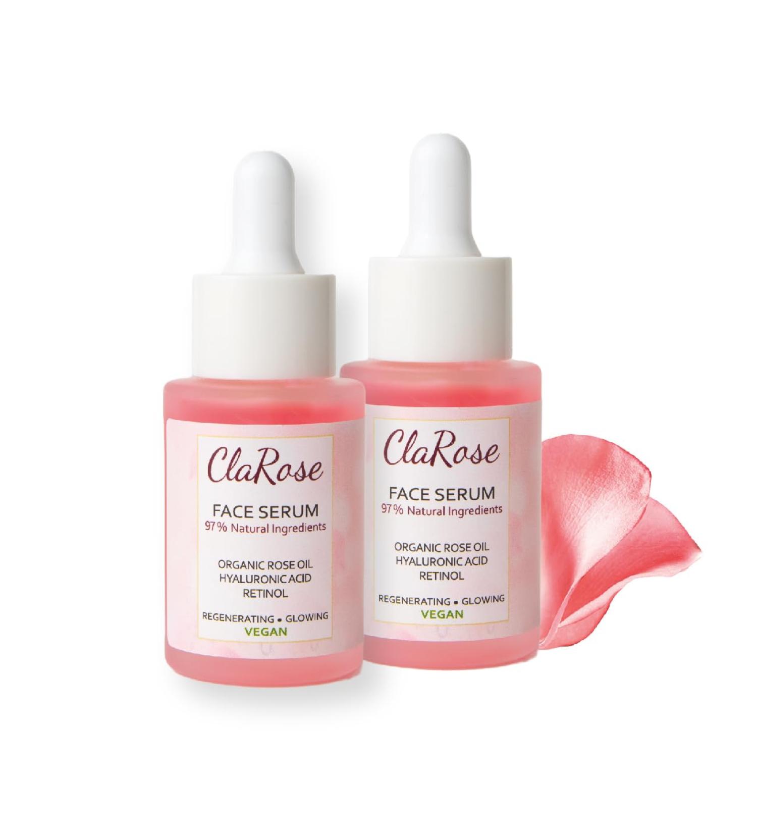 ClaRose Anti-ageing Face Serum with Organic Rose oil Hyaluronic Acid and Retinol 30ml x2 - Buy Online on GoSupps.com