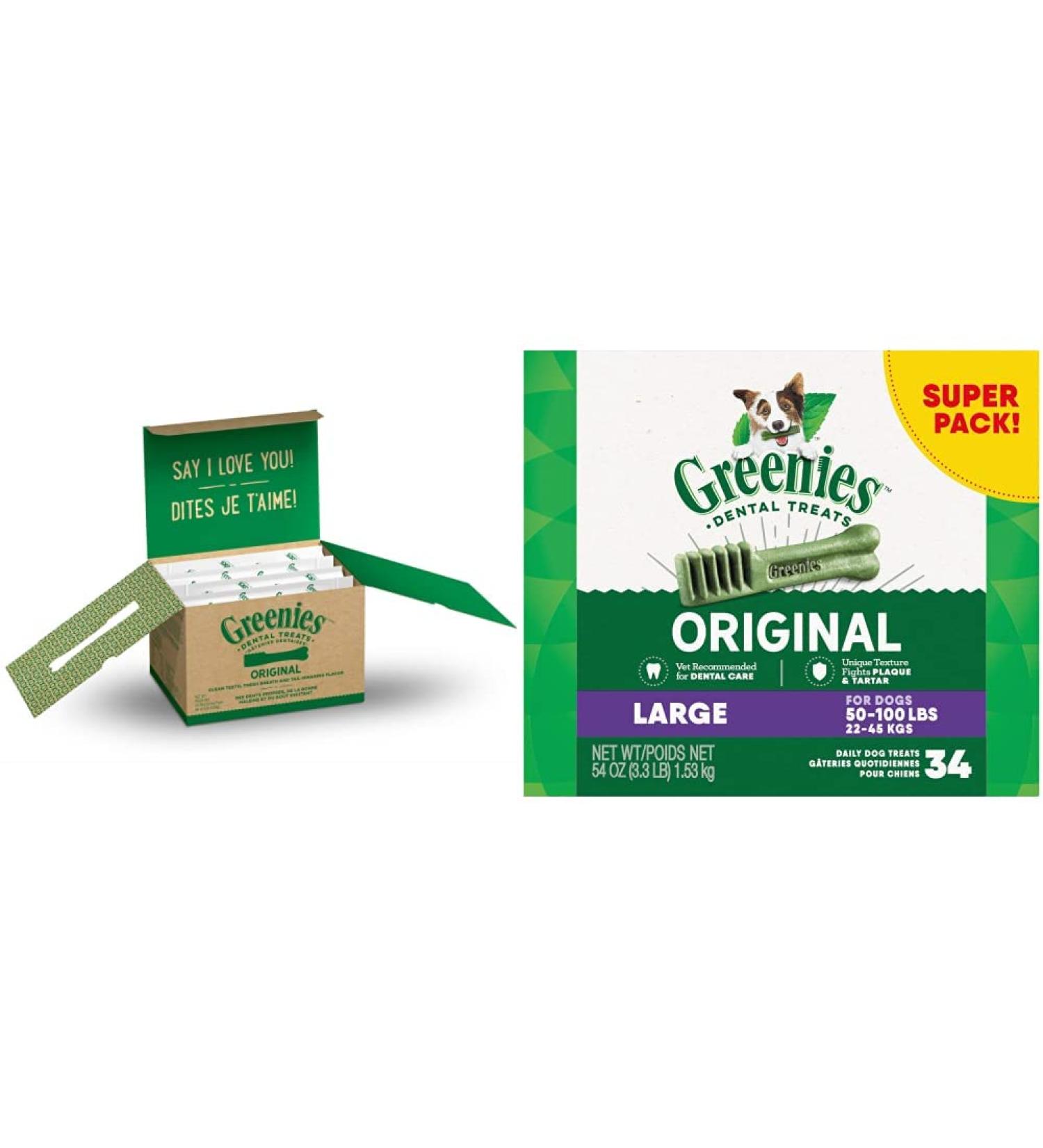 GREENIES Dog Treats Original Regular Natural Dental Care (72 Treats) 72oz. Pack & Dog Treats Original Large Natural Dental Care (34 Treats) 54oz. Pack 72 Count (Pack of 1) Treats + Dog Treats 54oz. - Buy Online on GoSupps.com