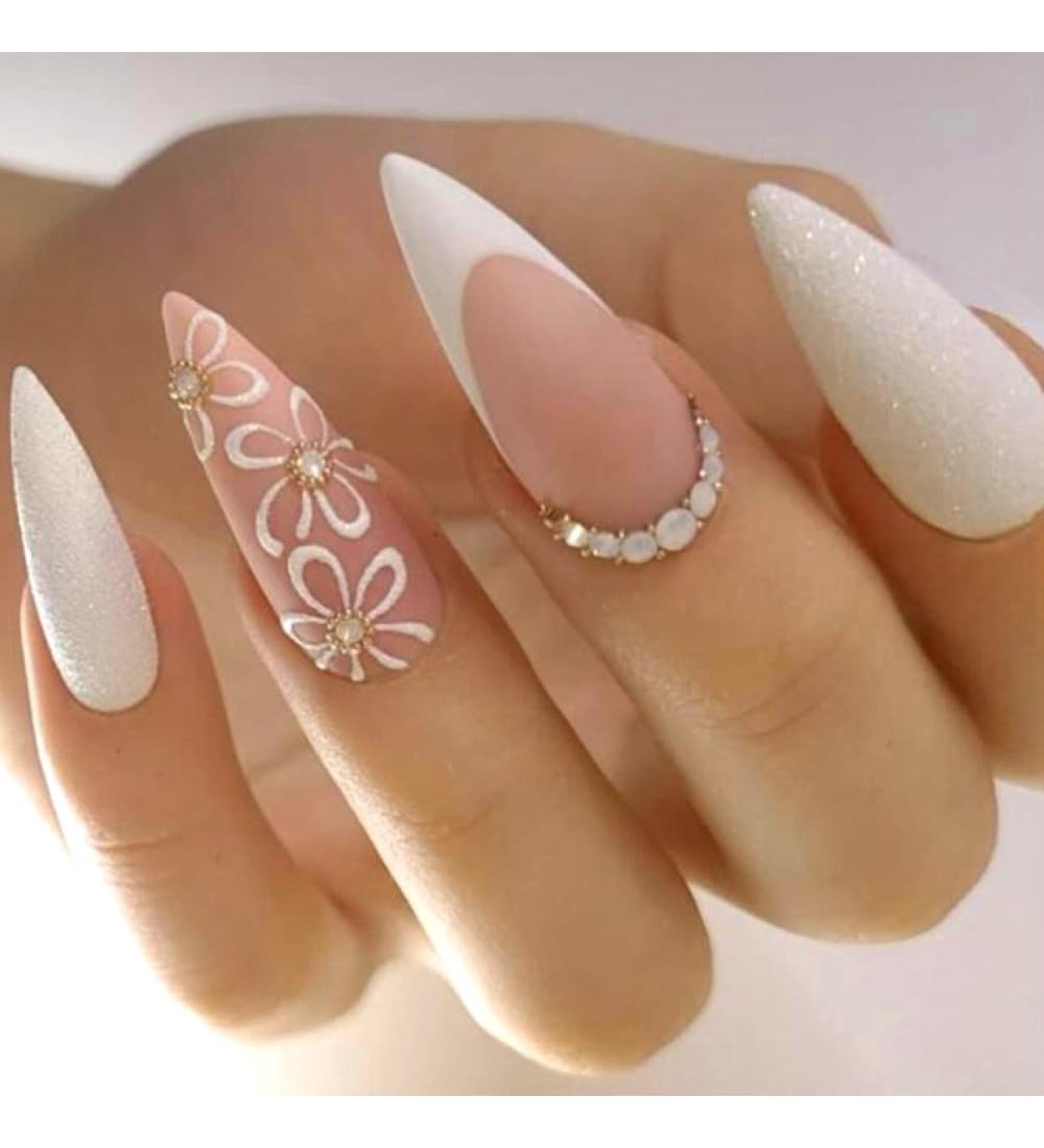 French Tip Press on Nails - Long Pointed Tip Press On Nails with Nail Tips White Petal Glitter Rhinestones Design Glossy white press on nails Acrylic False Nails Cute Artificial Nails - Buy Online on GoSupps.com