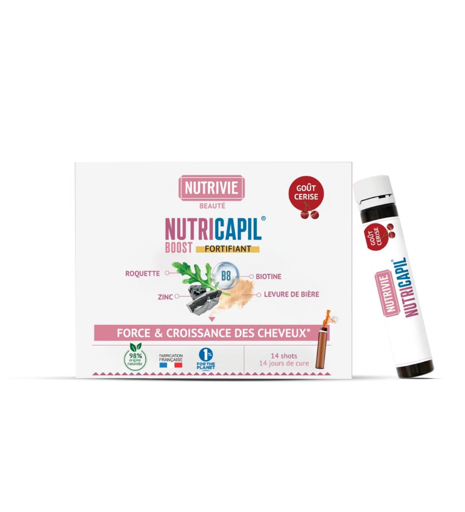 Shot Fortifiant Cheveux - Croissance Force & Vitalit - Plantes + Biotine + Zinc + S l nium - Go t Cerise - 98% Naturel - Format Pratique - Fabriqu en France - Nutrivie - Buy Online on GoSupps.com