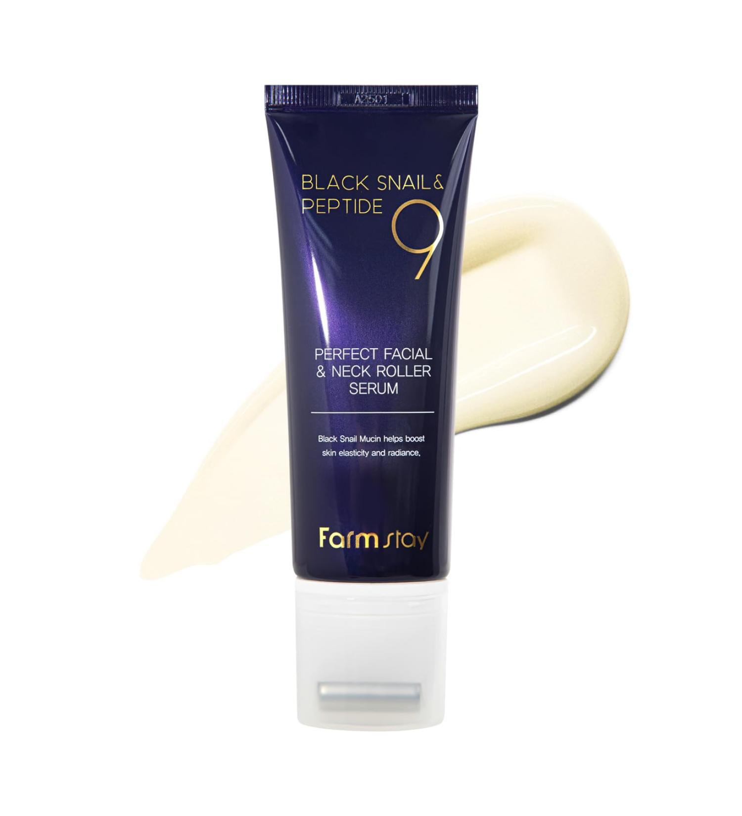 Farmstay Black Snail & Peptide 9 Perfect Facial & Neck Roller Serum Firming & Lifting, Deep Hydration & Skin Elasticity, Snail Mucin & 9 Peptides for Youthful Glow & Smooth Skin, 100ml - Buy Online on GoSupps.com