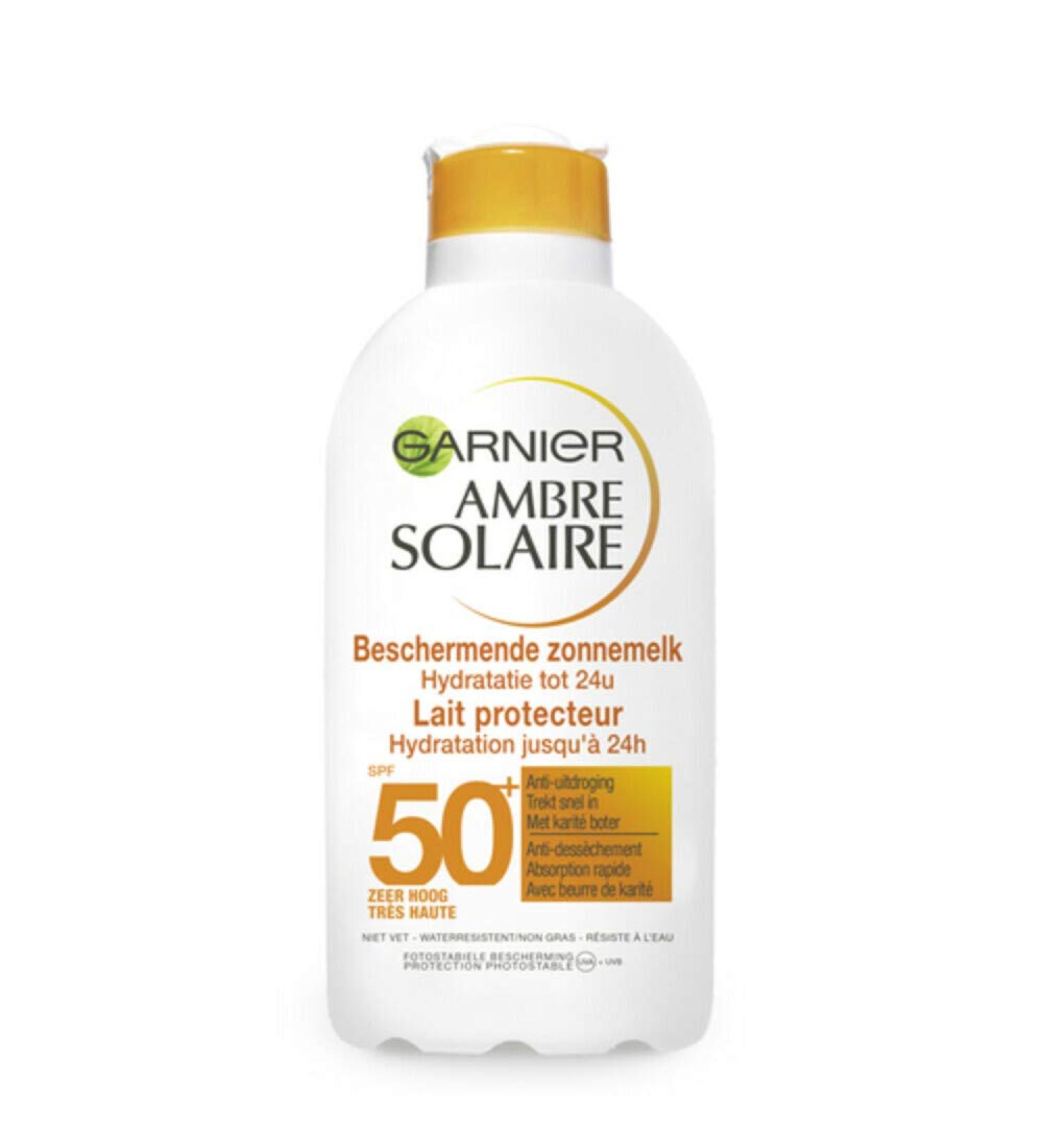 GARNIER Ambre Solaire Hydra 24H - Lait Solaire FPS 50+ - Prot ge des UVA & UVB - Hydratation 24h - Sans Parfum - Absorption Rapide - Au Beurre De Karit - Tous Types de Peaux - 200 ml