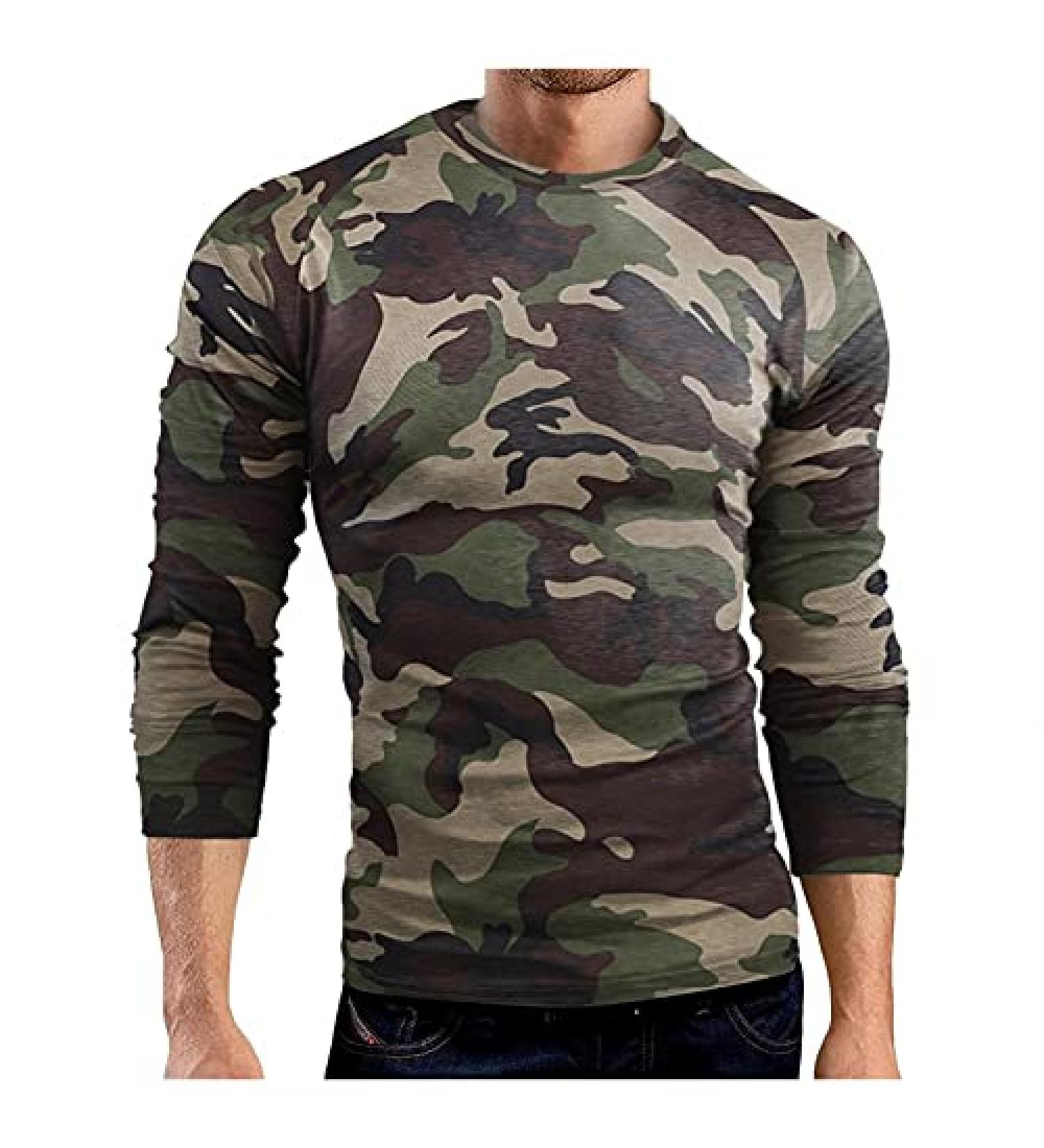 JSPOYOU Men's Camouflage Long Sleeve Athletic Shirt - Green | Slim Fit Vintage Camo T-Shirt for Fitness & Military Crewneck - Dry Cool Top - Buy Online on GoSupps.com