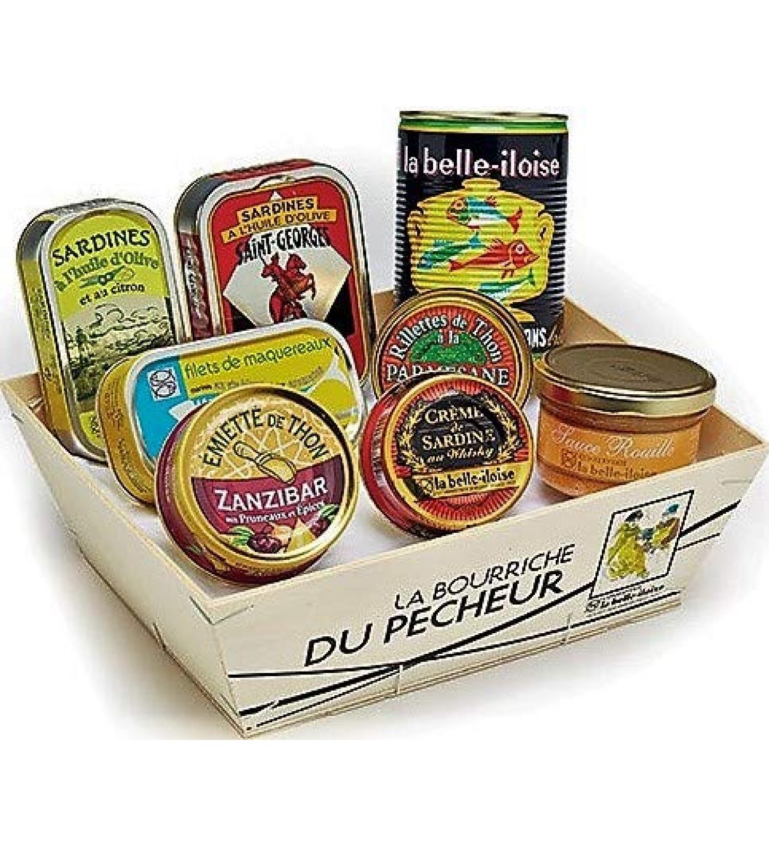 Gift box "Petite Bourriche" Sardinen tuna mackerel sardine cream tuna mousse fish soup rouille in wooden basket from Brittany