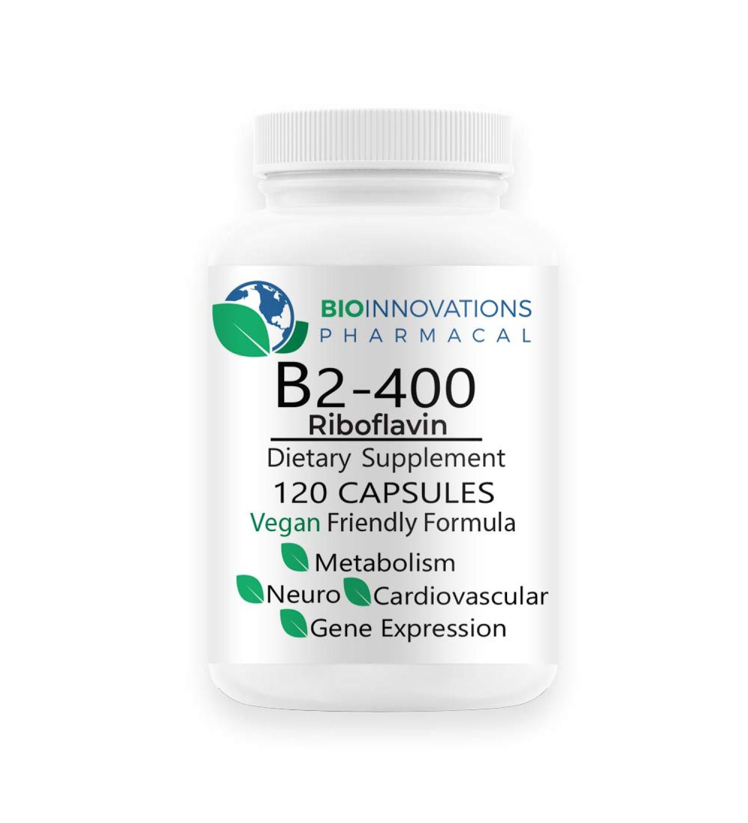 Bio-Innovations Pharmacal Pure B2-400 Riboflavin Capsules (120 Vegan) - Supports Nervous System Health, Boosts Energy & Metabolism - Buy Online on GoSupps.com