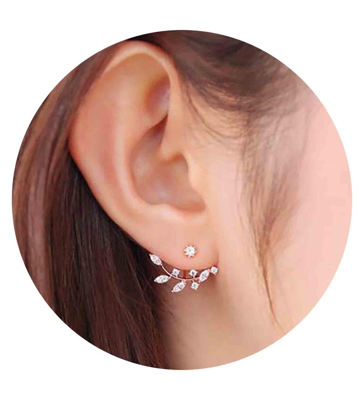 Boho Crystal Leaf Ear Jackets Earrings - Gold CZ Rhinestone Front Back Studs for Women & Girls - Minimalist Jewelry Gifts - Buy Online on GoSupps.com