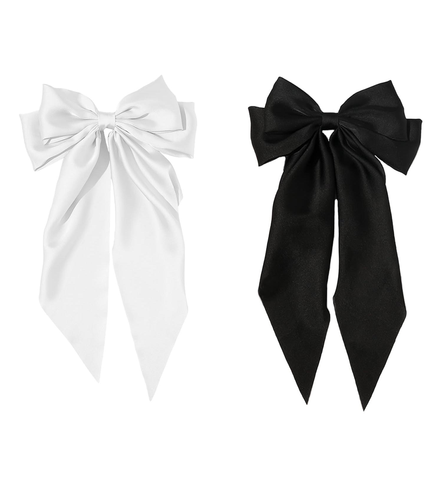 TRKETK 2 PCS Bow Hair Clips Hair Accessories for Girls Solid Color Bowknot Hairpin French Barrette with Long Ribbon Hair Fastener Accessories Soft Satin Silky Hair Bows for Women Girls(Black+White) - Buy Online on GoSupps.com