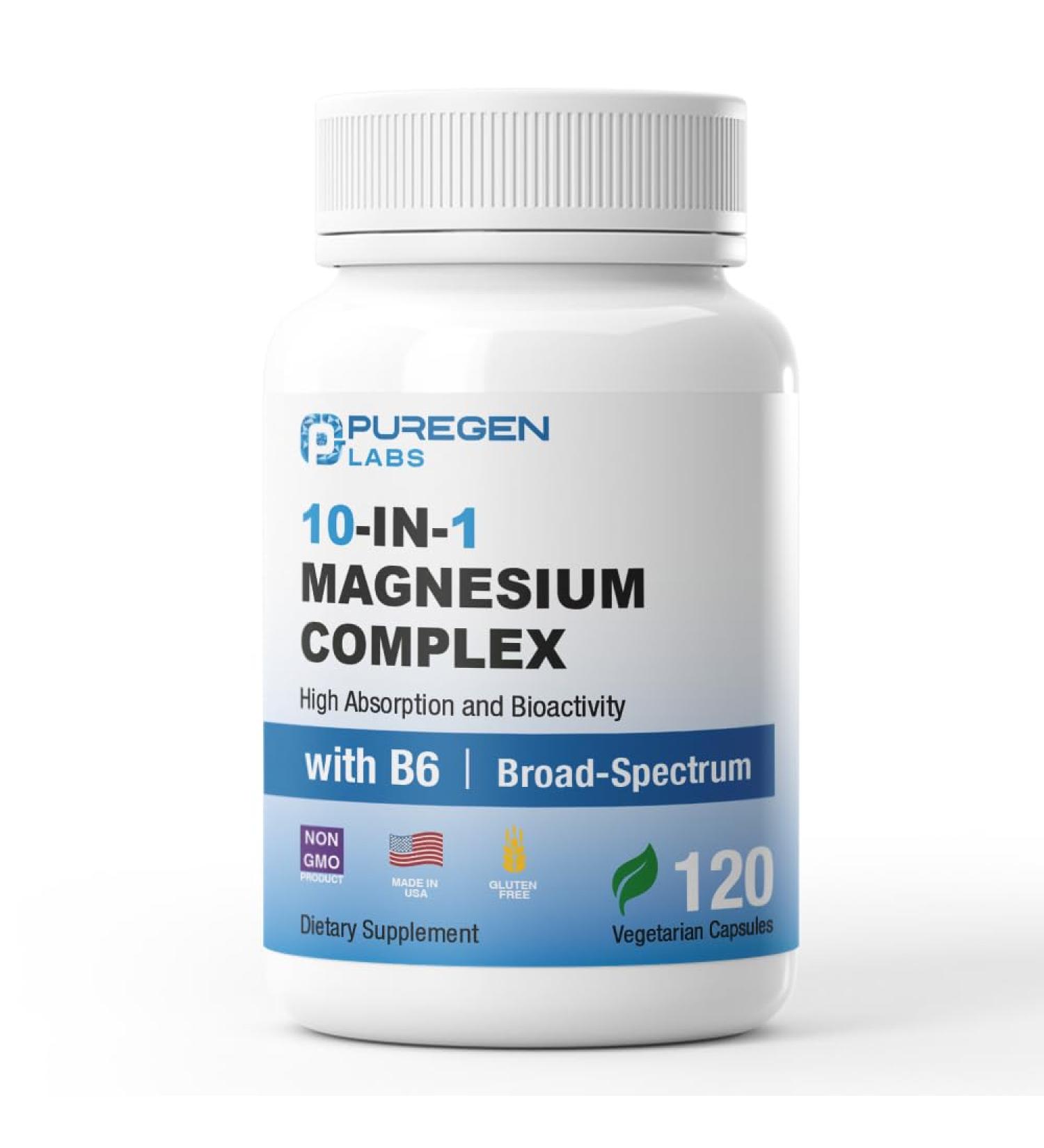 Puregen Labs 10 in 1 Magnesium Complex 500mg with B6-120 Veggie Capsules High Absorption and Bioactivity Non-GMO NO Gluten and Dairy - Buy Online on GoSupps.com
