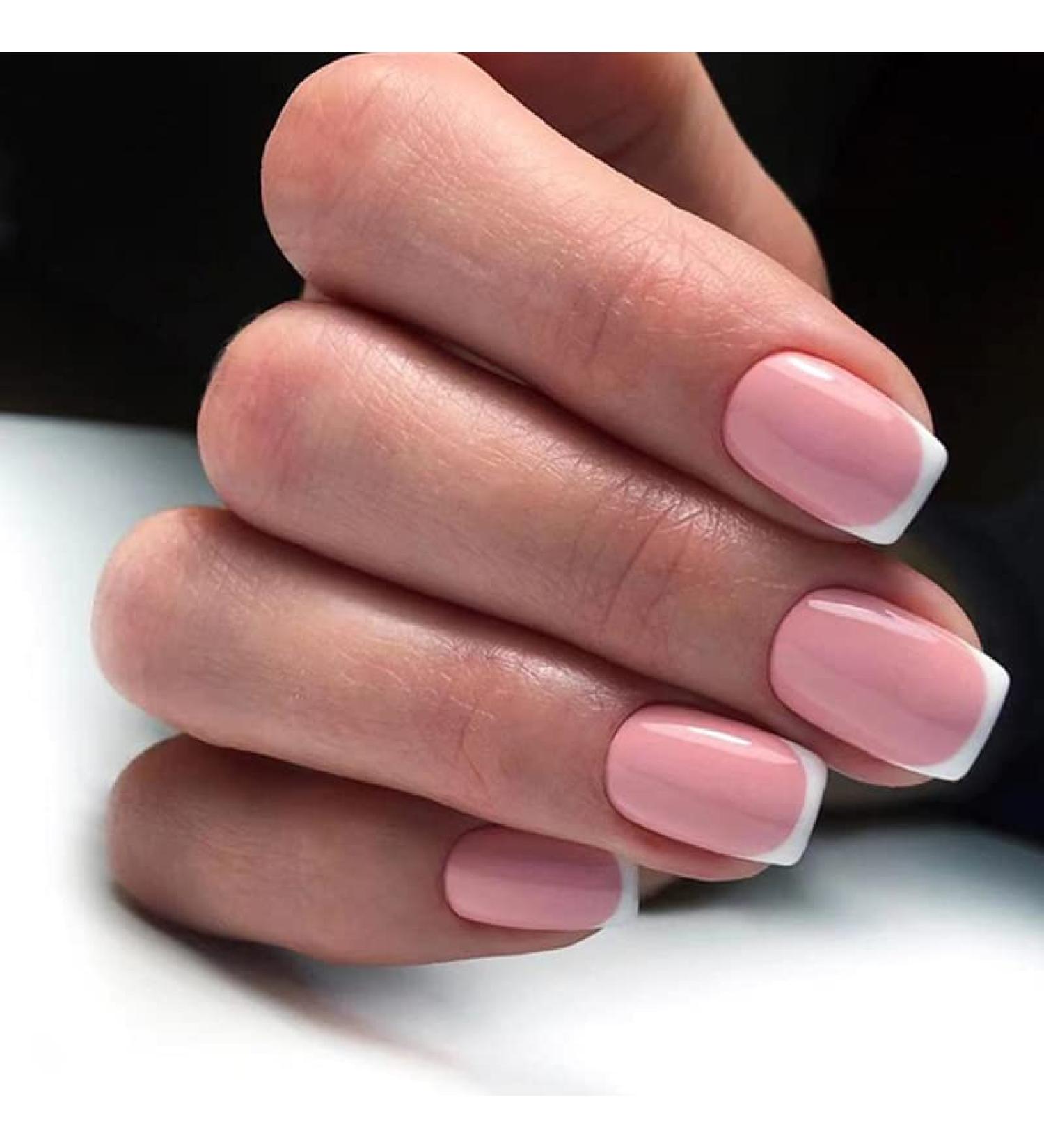Maggidea French False Nails Acrylic White Tip Press On Nails 24pcs - Short Square Pink French Style with Glue - Elegant Fake Nails for Women - Buy Online on GoSupps.com