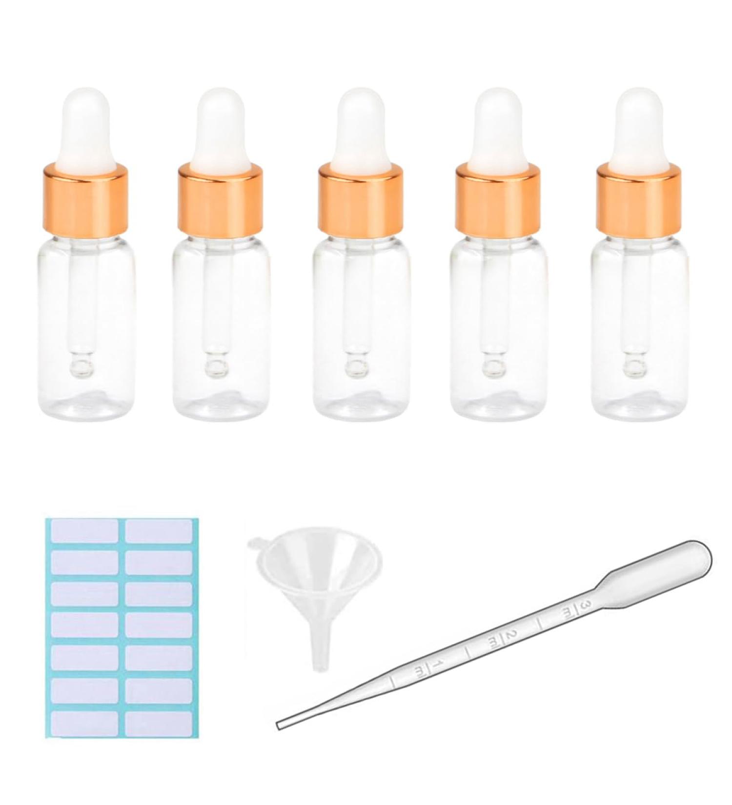 5Pcs Transparent Dropper Bottle 10ML Plastic Eye Dropper Bottles for Essential Oil Pipette Refillable - with Measured Pipette Funnel and Labels (White + Gold Cap) 10ml White + Gold Cap - Buy Online on GoSupps.com