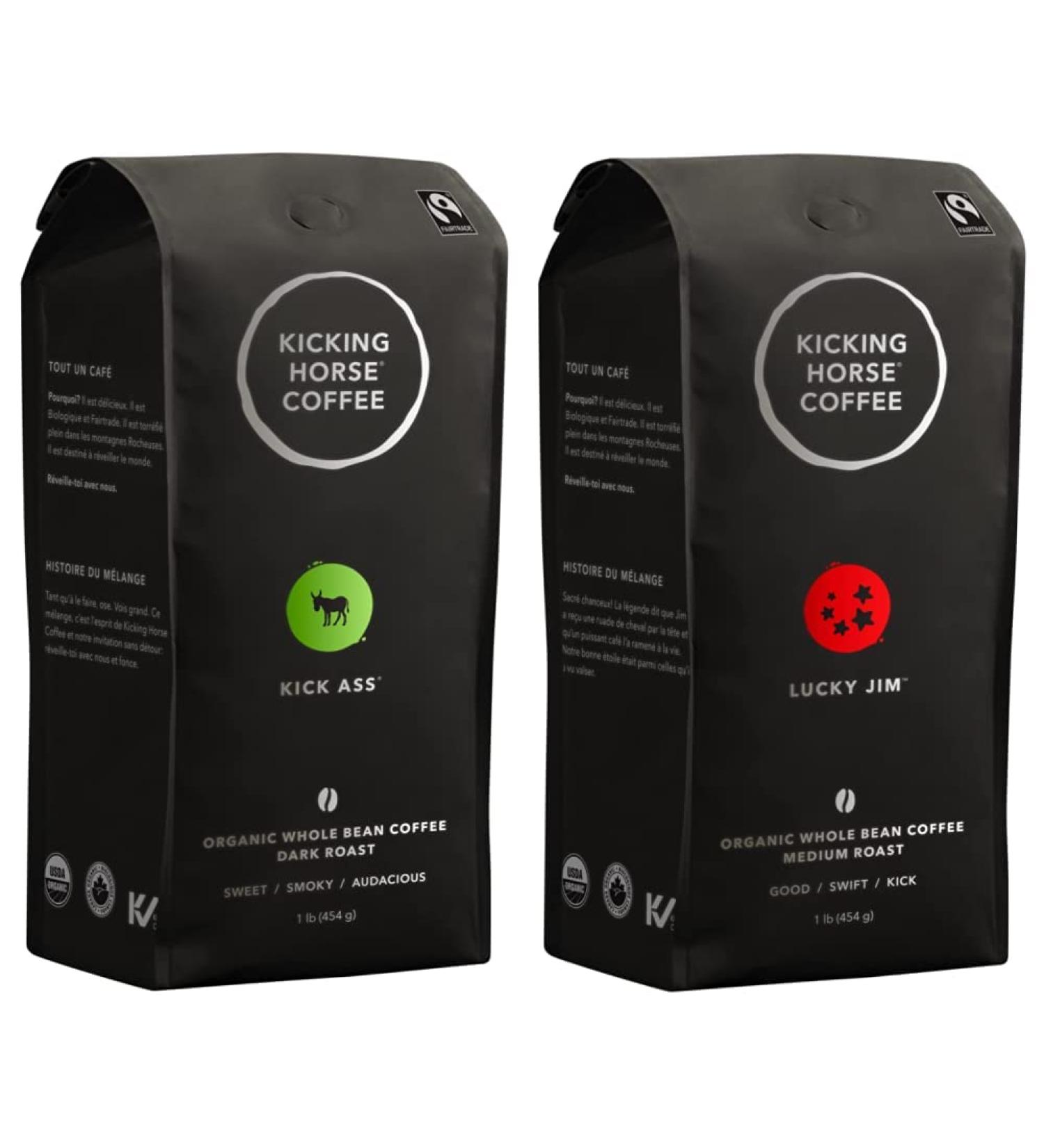 Kicking Horse Coffee Kick Ass Dark Roast Whole Bean 1 lb - Fairtrade Kosher Coffee & Lucky Jim Medium Roast Whole Bean 1 lb - Certified Organic Fairtrade Kosher Coffee 454 g (Pack of 1) Kick Ass - Dark Roast 454 g (Pack of 1) Horse Coffee + Kosher Coffee - Buy Online on GoSupps.com