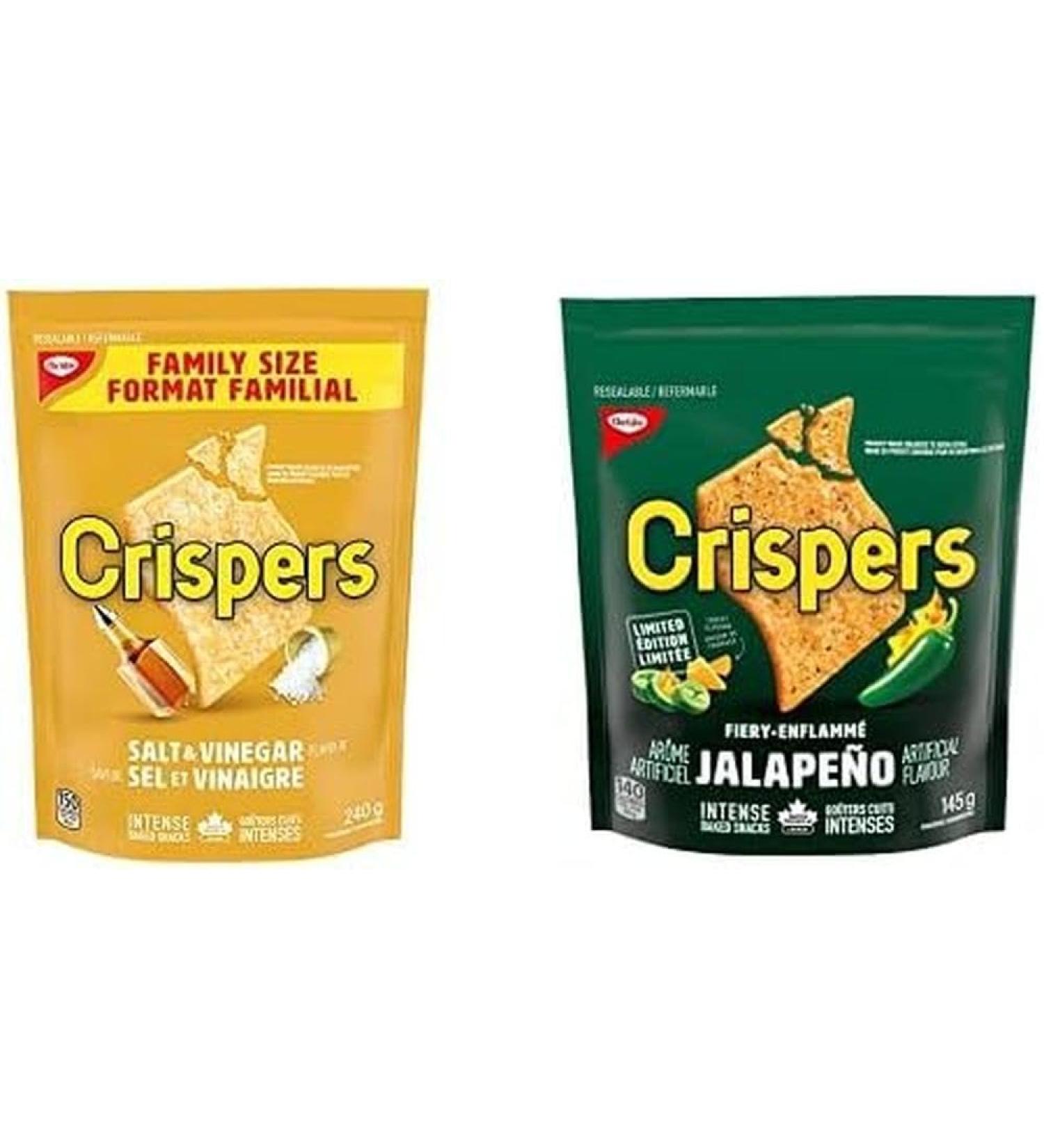 Crispers Salt & Vinegar 240g Back to School Snack with Crispers Jalapeno 145g bag Back to School Snacks