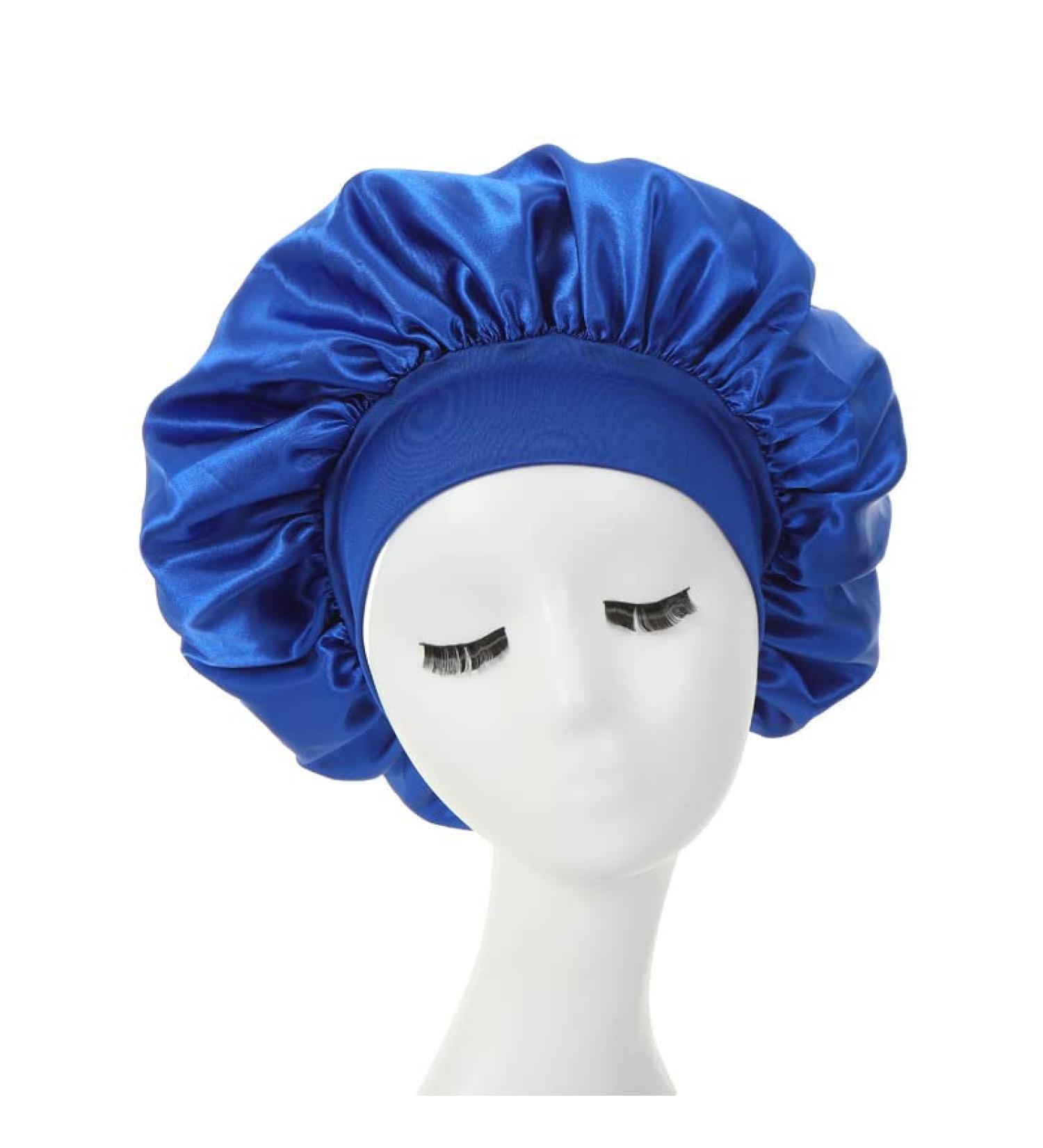 Royal Blue Satin Hair Bonnet for Women - Wide Elastic Band Sleep Cap for Curly Hair Protection | Shower Cap and Makeup Hair Care Hat - Buy Online on GoSupps.com