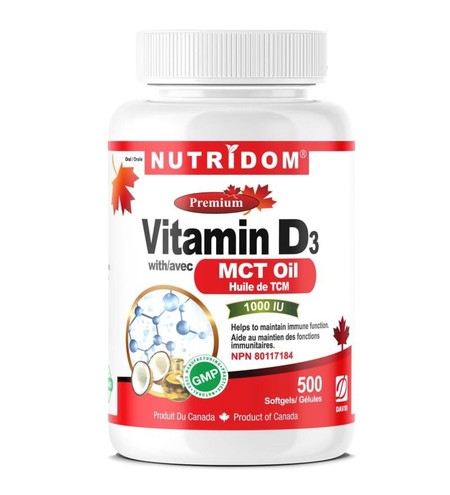 Nutridom Vitamin D3 with Coconut MCT Oil - 1 000IU (25mcg) per serving (500 Softgels) Supports Immune Fuction Muscle & Bone Health Non-GMO Gluten Free Made in Canada - Buy Online on GoSupps.com