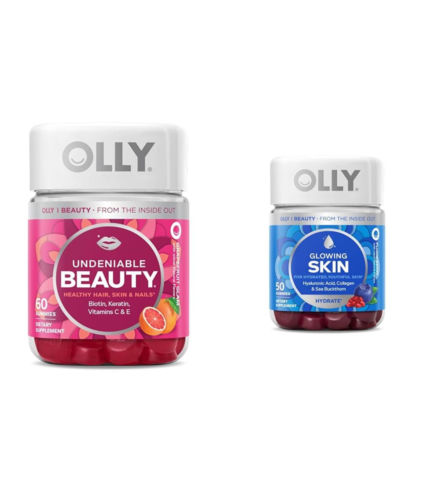 OLLY Undeniable Beauty Gummy & Glowing Skin Gummy 25 Day Supply (50 Count) Plump Berry Hyaluronic Acid Collagen Sea Buckthorn Chewable Supplement (Packaging May Vary) 60 Count (Pack of 1) Gummy + Glowing Skin Gummy - Buy Online on GoSupps.com
