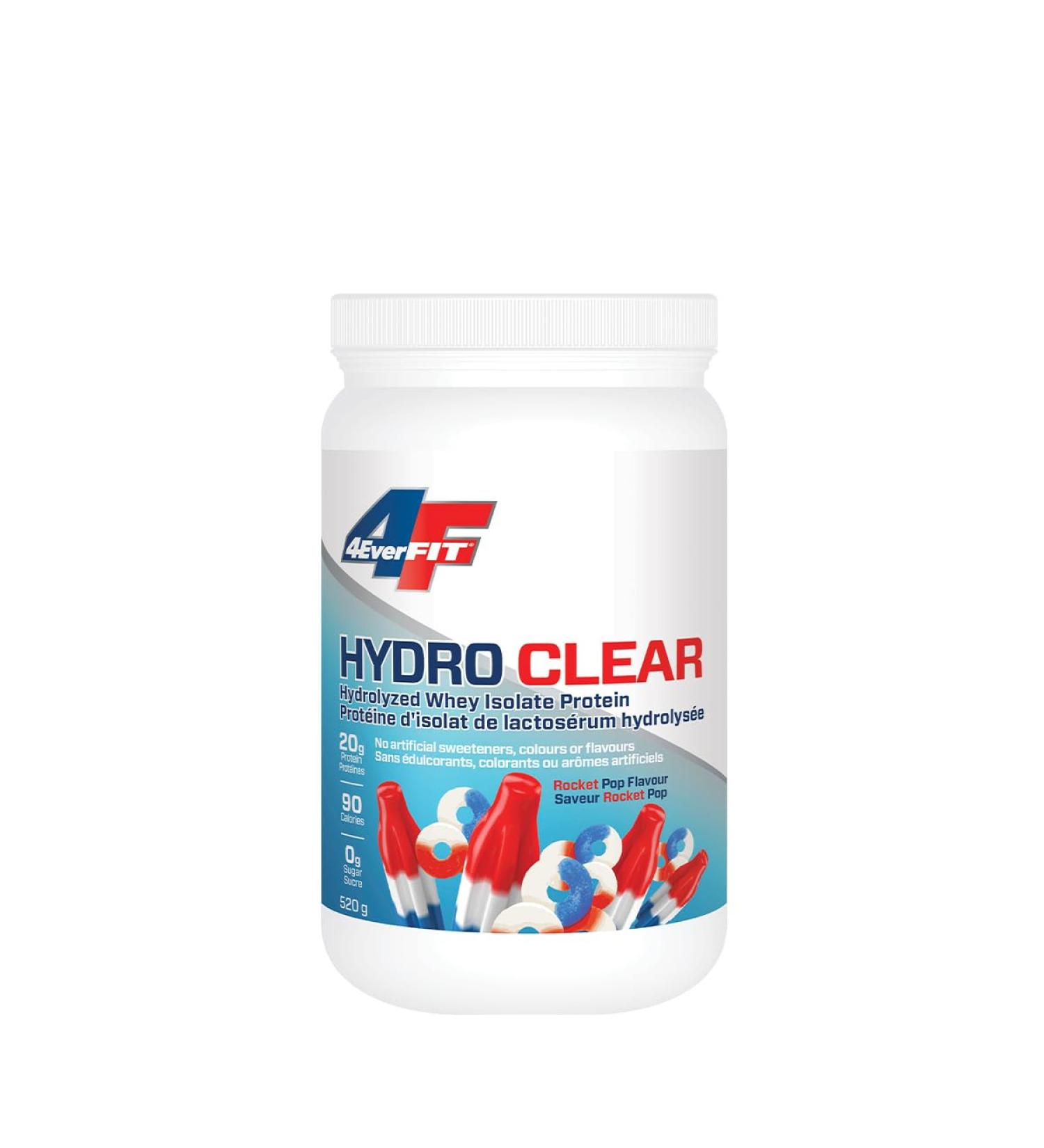 4EverFit Hydro Clear Juice Protein 100% Whey Protein Hydrosylate mixes clear and tastes like candy no sugar no fat low calories no artificial sweeteners colours or flavours Rocket Pop 520g