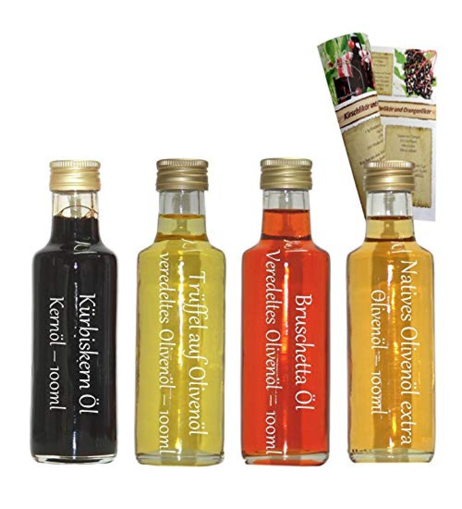 Gift set & trial set |4 x 100ml oil |Native olive oil extra - bruschetta oil - truffle olive oil - pumpkin seed oil |With recipe brochure
