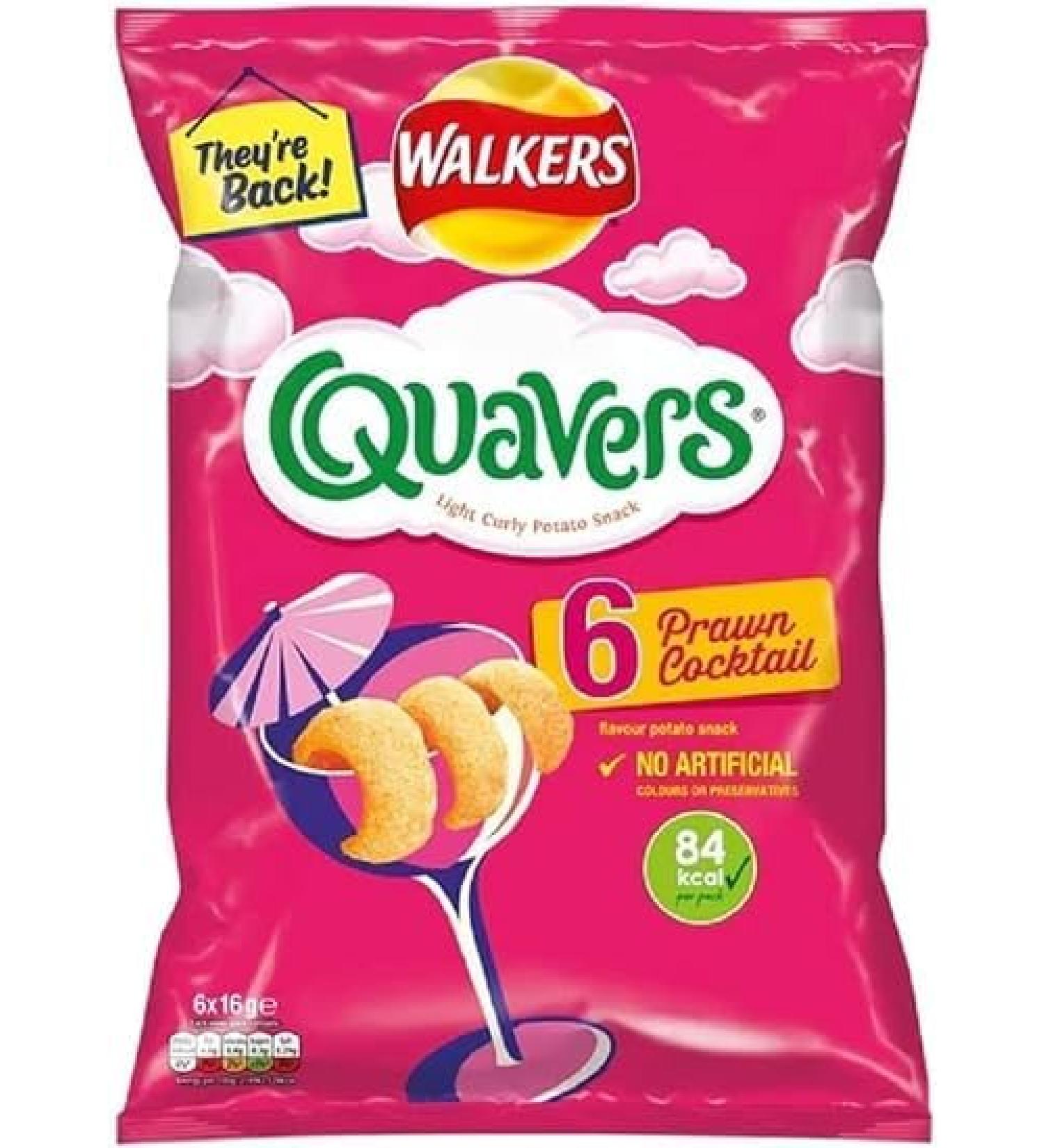 Quavers Multipack Prawn Cocktail Flavour Light Curly Crisps (6 Bags x 16g) (20 Packs of 6x16g)