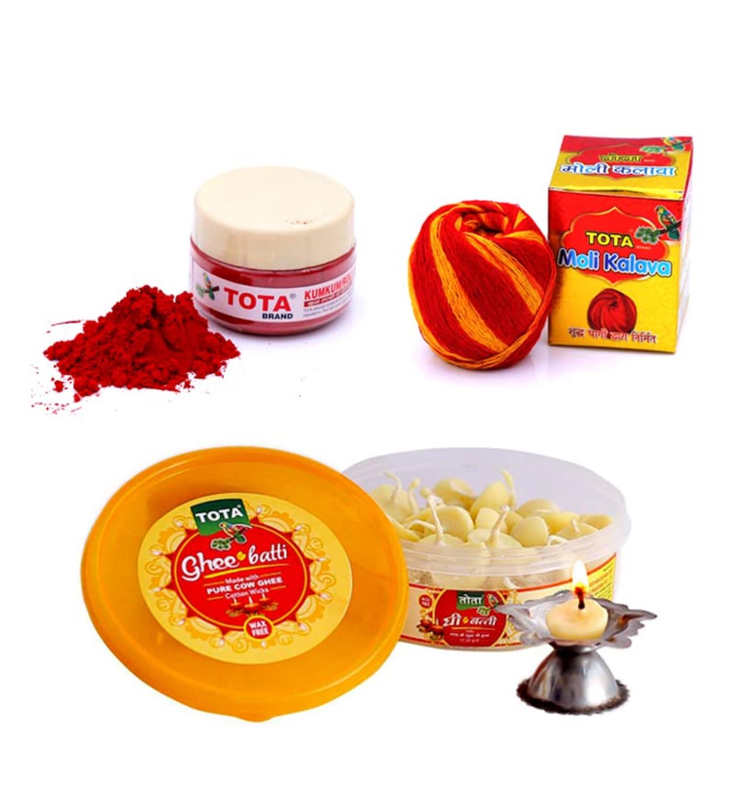Indian Puja Kit: Kumkum, Roli, Cow Ghee, Wicks, Moli Kalawa - Pack of 3 for Pooja Thali & Hawan - Buy Online on GoSupps.com