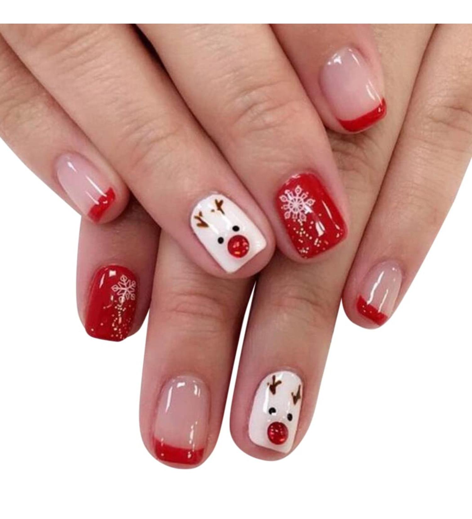 Vatocu Christmas False Nails - Short Red Snowflake & Elk Press on Nails | Snowman Acrylic Stick on Nails for Women & Girls (24pcs) - Buy Online on GoSupps.com