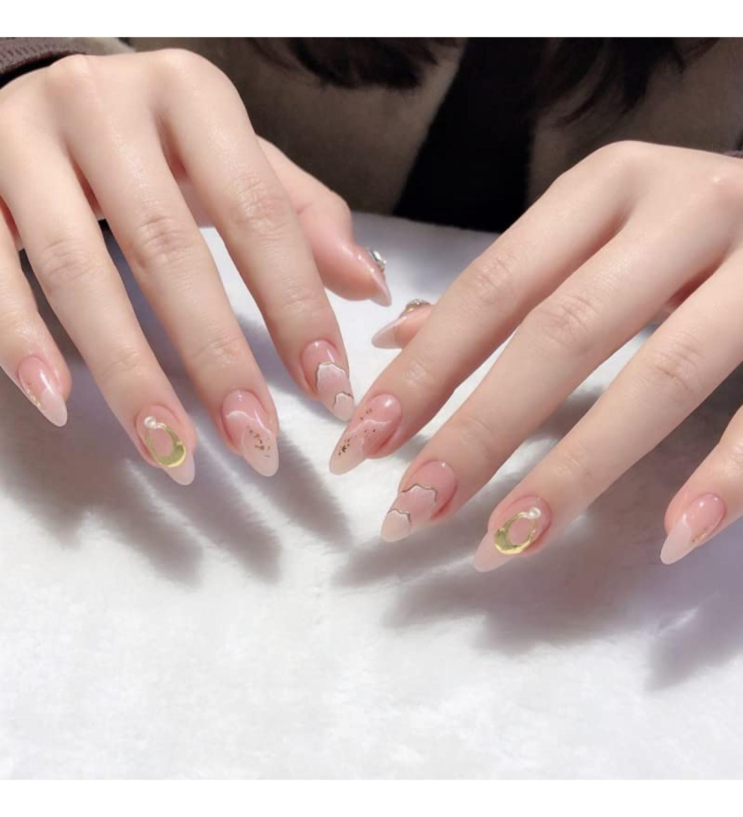 JUSTOTRY 24 Pcs Almond Short False Nails Moon Nude French Press on Nails Pattern Stars Fake Nails Short with Nail Glue Oval Medium Stick on Nails for Women Nails Fake Nail for Nails Art nude&moon1