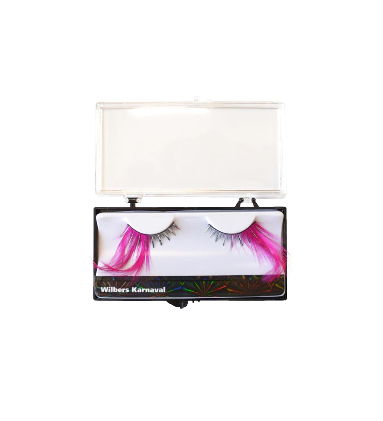 Artificial eyelashes black/white with long feather neon/pink