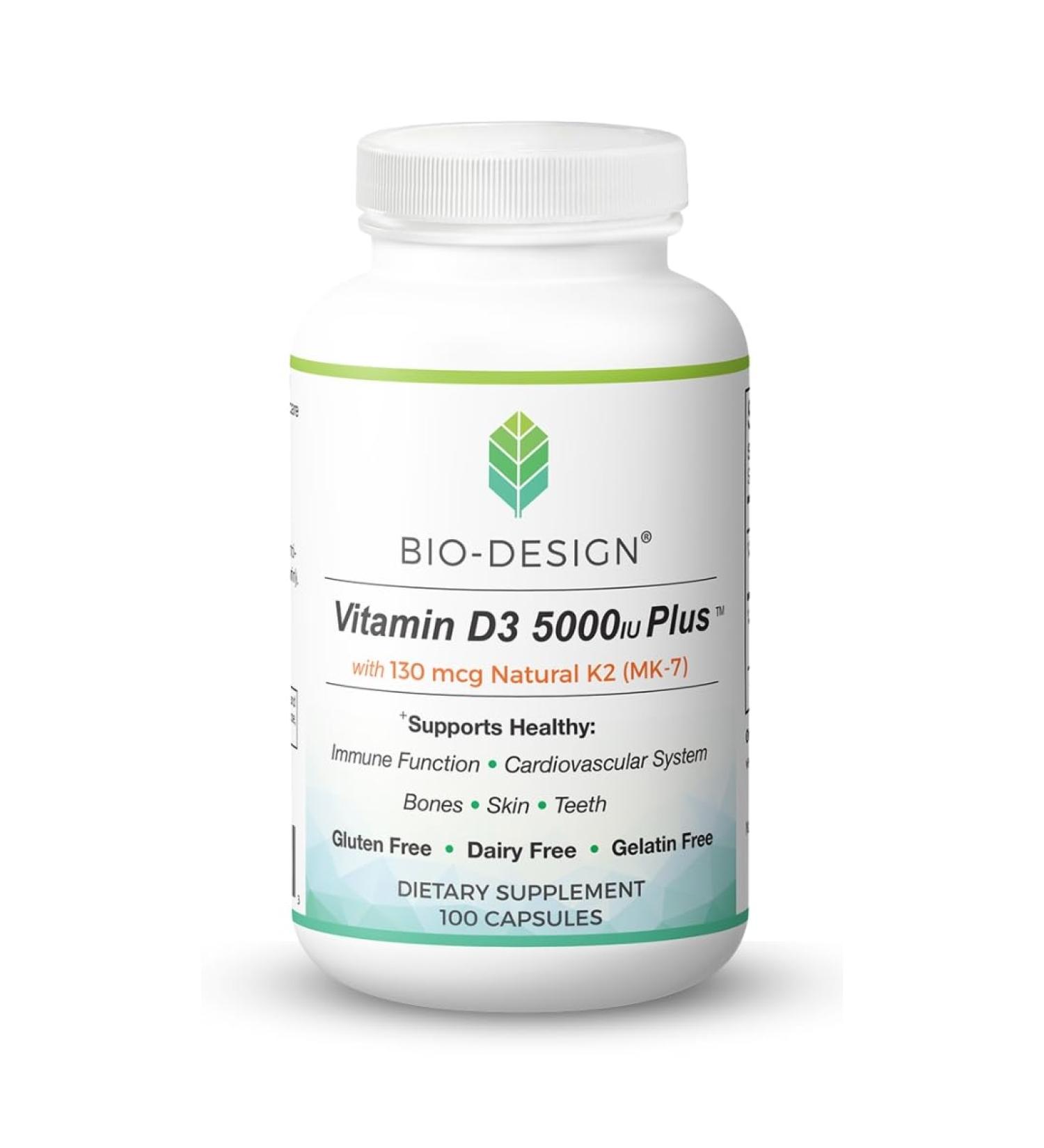 Bio-Design Vitamin D3 5000i Plus 130 mcg Natural K2 (MK-7) - Immune Regulation & Support Supplement - Supports Healthy Immune Function Bone & Teeth Mineralization & Heart Health -100 Capsules - Buy Online on GoSupps.com