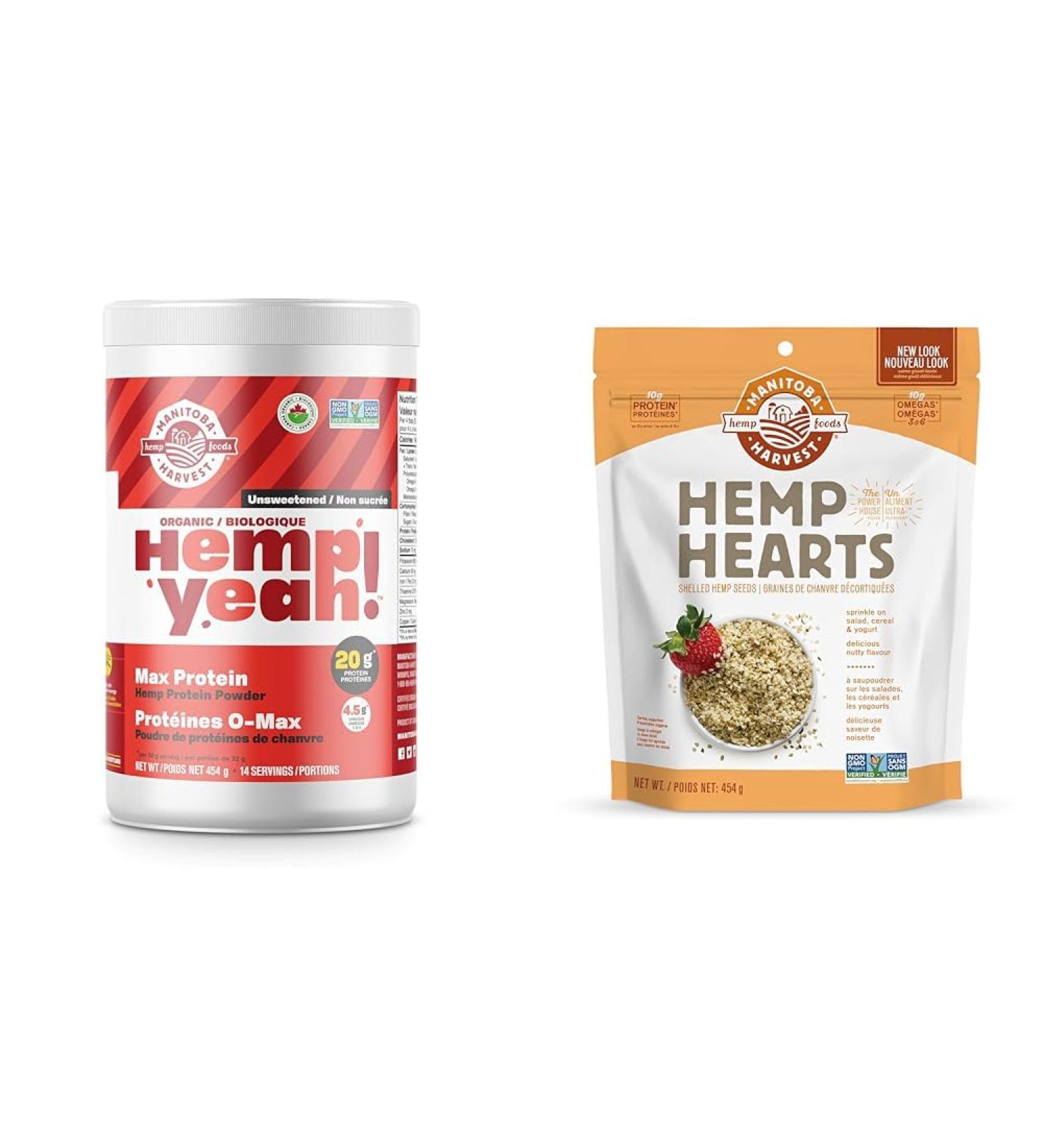 Manitoba Harvest Hemp Organic Max Protein Powder Unsweetened 454g with 20g protein and 4.5g Omegas 3/6 per Serving & Hemp Hearts 454g - Buy Online on GoSupps.com