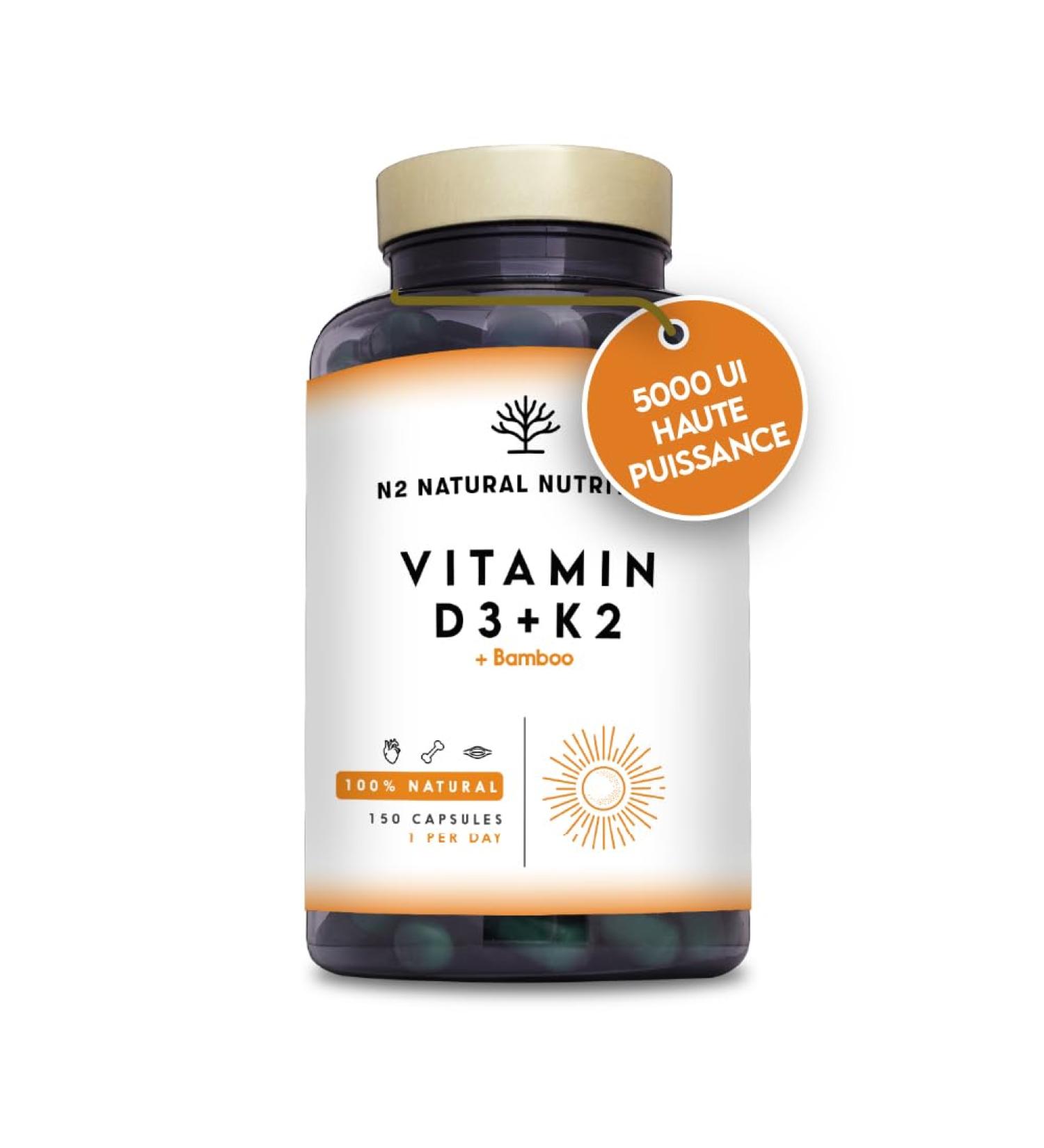Vitamin D3 K2 Natural High Dosage Vitamin D3 5000 iu + Vitamin K2 MK7 200 g + Silicon Contributes to Immune System Functioning Bones and Teeth 150 Capsules N2 Natural Nutrition - Buy Online on GoSupps.com