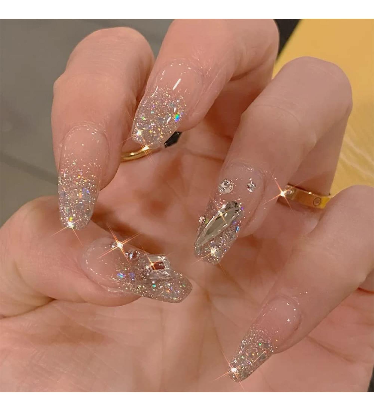 Glossy 3D Rhinestone Coffin Press On Nails - 24Pcs Medium Sparkly Glitter Designs for Women & Girls - Buy Online on GoSupps.com