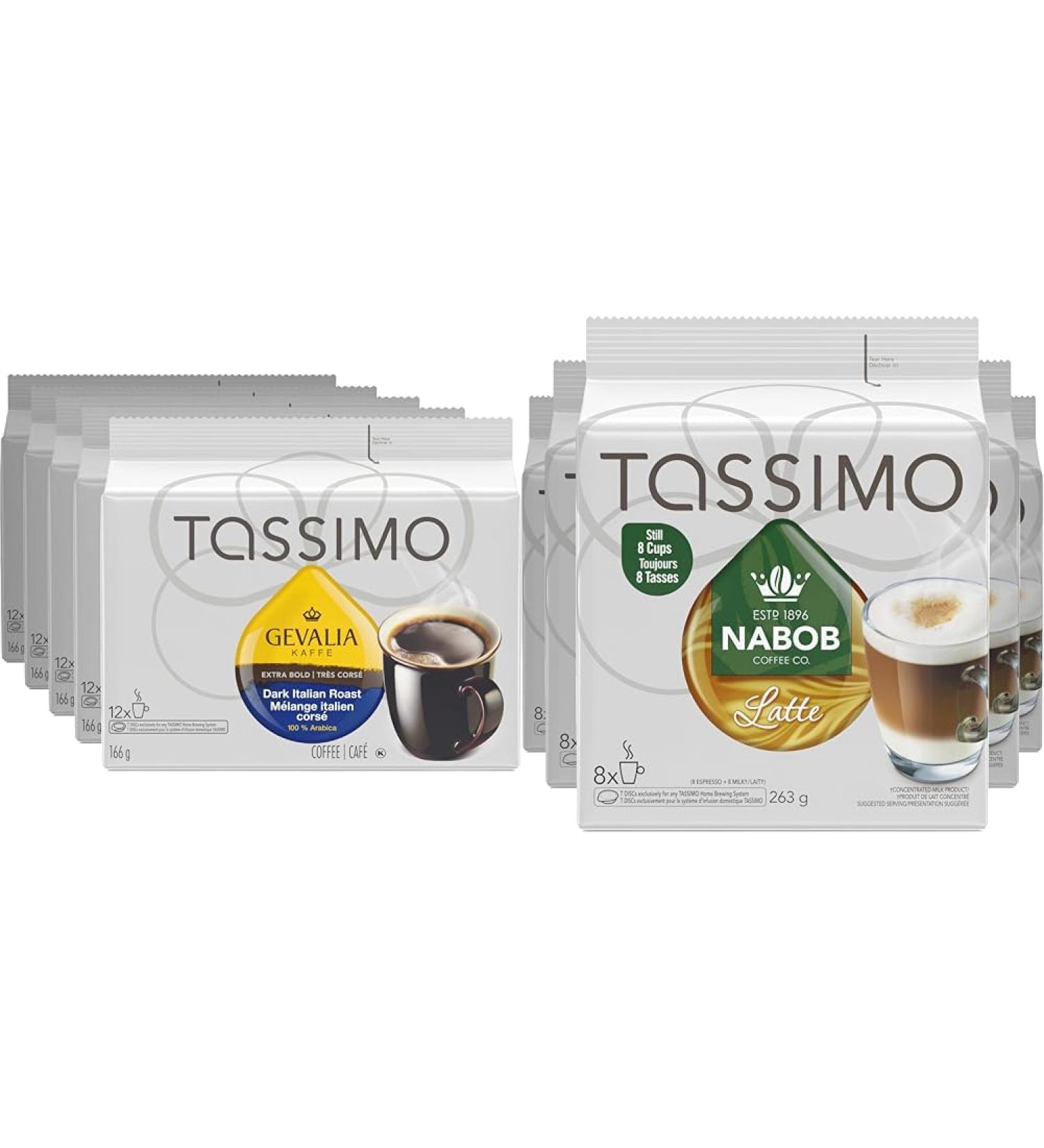 Tassimo Gevalia Dark Italian Roast Coffee Single Serve T-Discs 166g (5 Boxes of 12 T-Discs) & Nabob Latte Coffee Single Serve T-Discs 263g (5 Boxes of 8 T-Discs) Coffee+ Coffee 8 Count (Pack of 5) - Buy Online on GoSupps.com