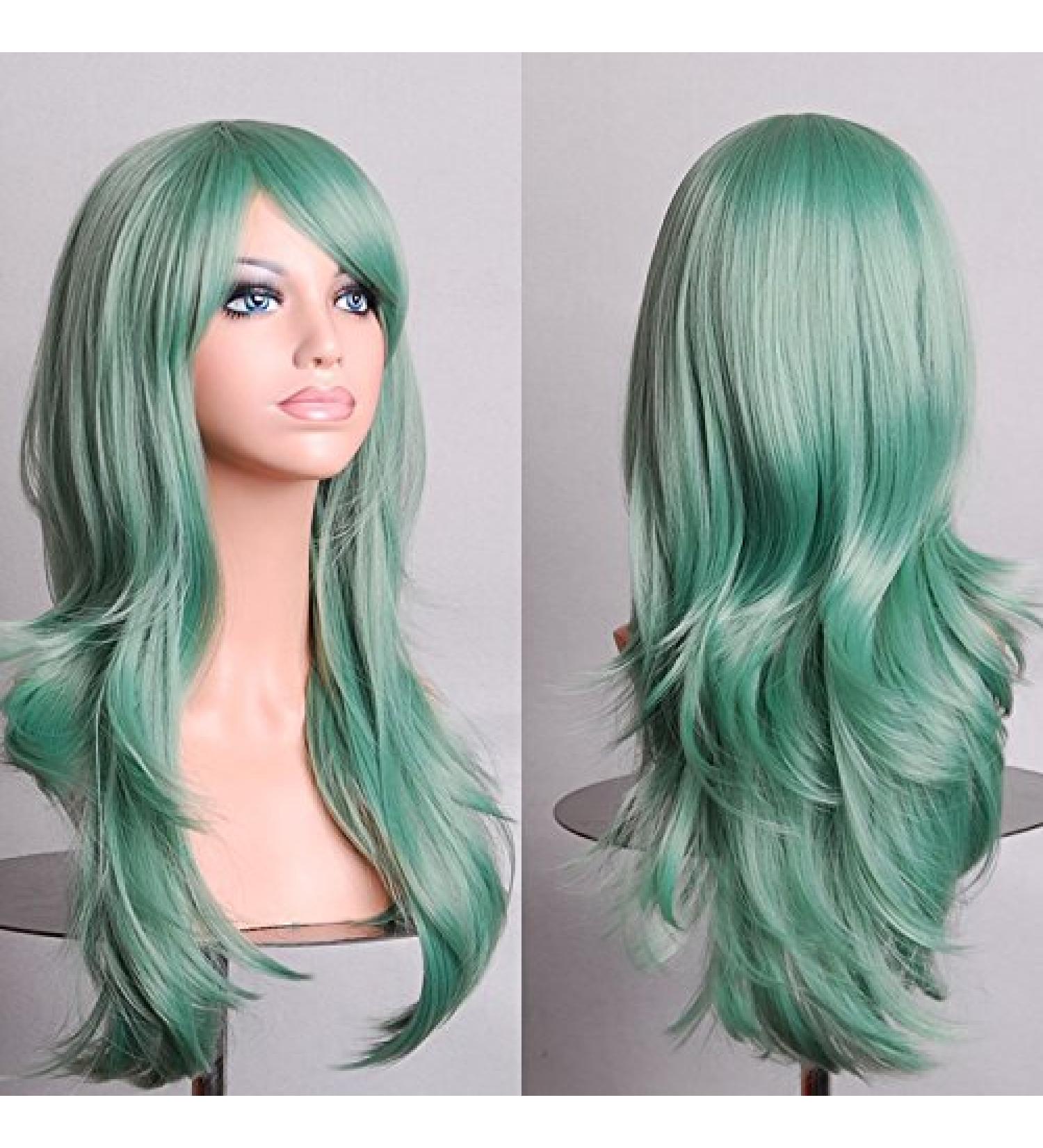 Colorfulpanda Cosplay Wig with Side Bangs Long Curly Full Hair Wig for Women Anime Halloween Costume Party 28 Inch/70cm color Mint Green