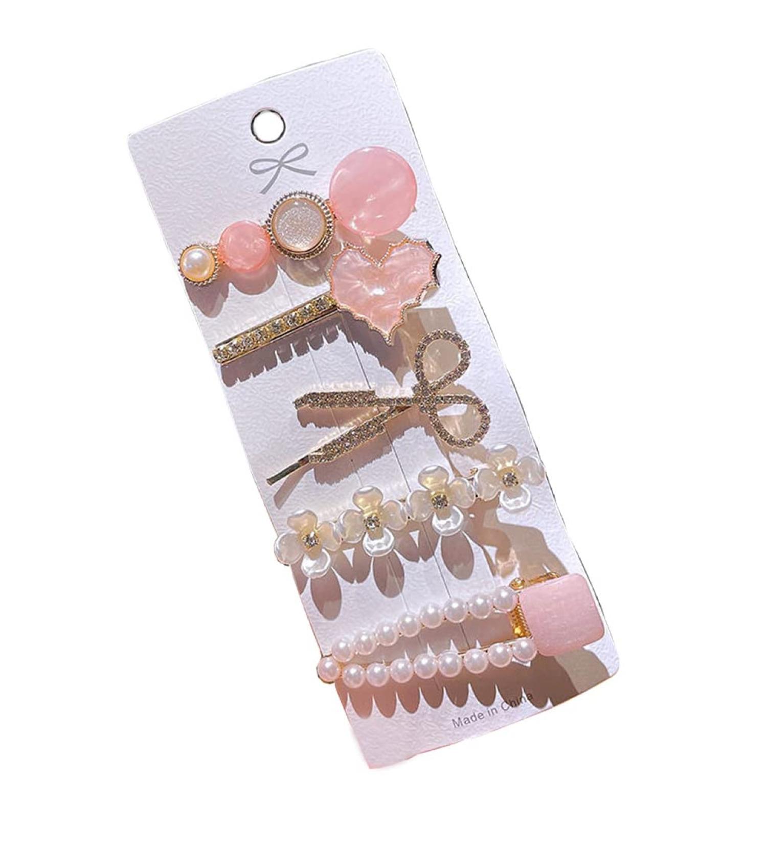 LNGLAT 5 PCS Hair Clip Set - Pearl and Rhinestone Handmade Hairpins for Women and Girls - Trendy Flower Headwear in Pink - Buy Online on GoSupps.com