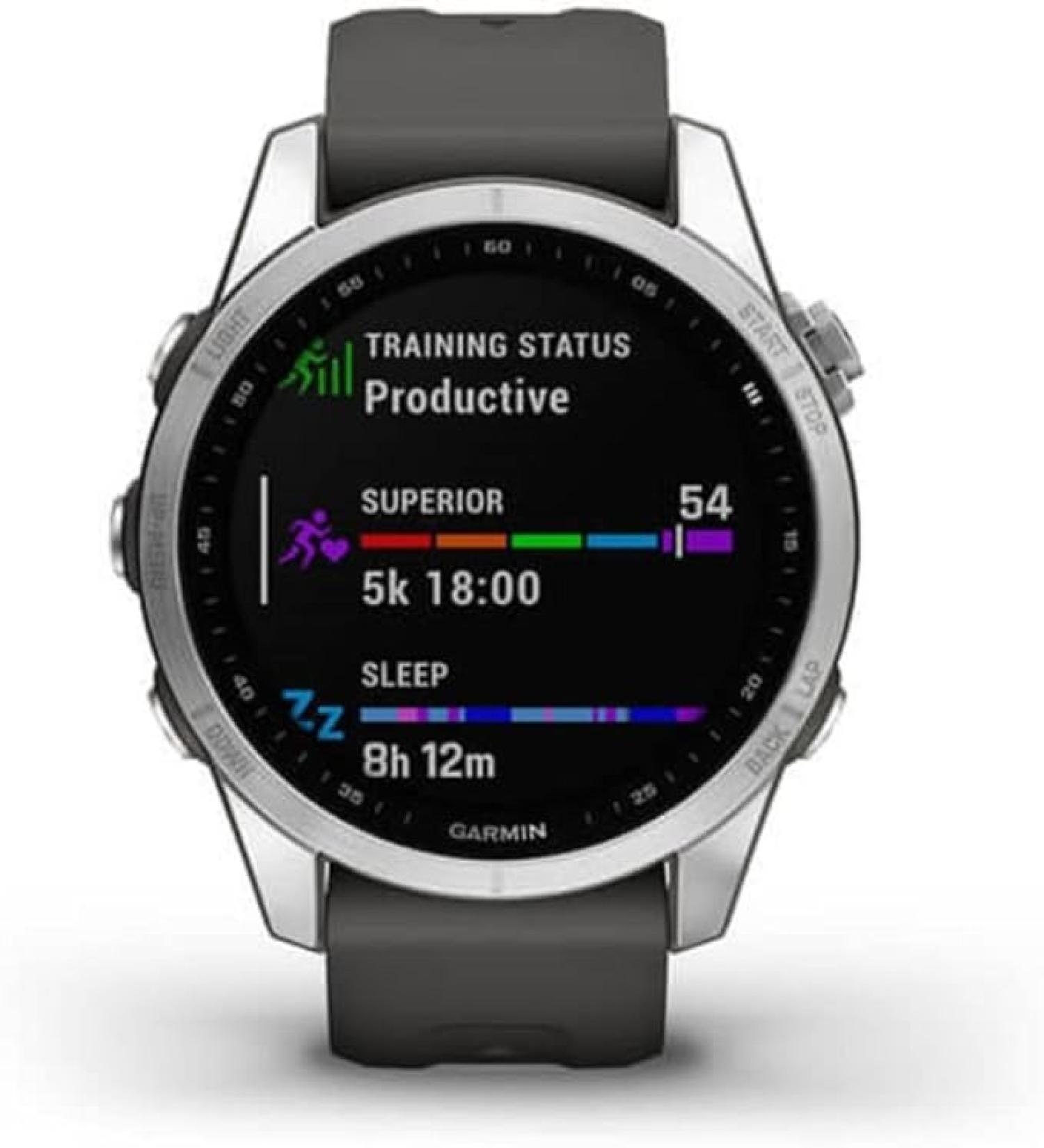 Garmin fenix 7S, smaller sized adventure smartwatch, rugged outdoor watch with GPS, touchscreen, health and wellness features, silver with graphite band, 010-02539-00 - Buy Online on GoSupps.com