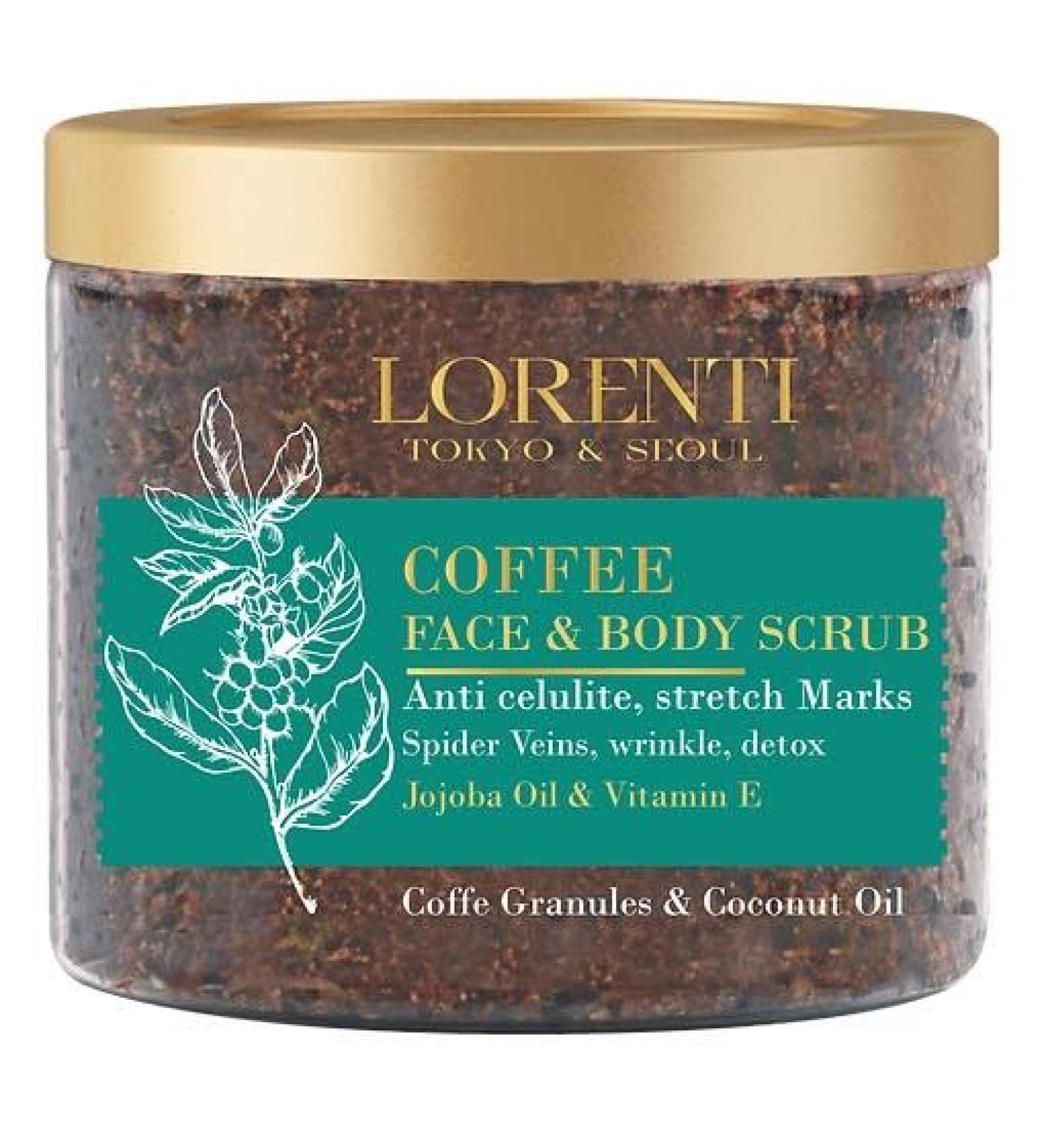 Lorenti Coffee Scrub Face & Body | Jojoba Oil & Vitamin E Anti Cellulite Stretch Marks Spider Veins Wrinkle Detox 500ml - Buy Online on GoSupps.com