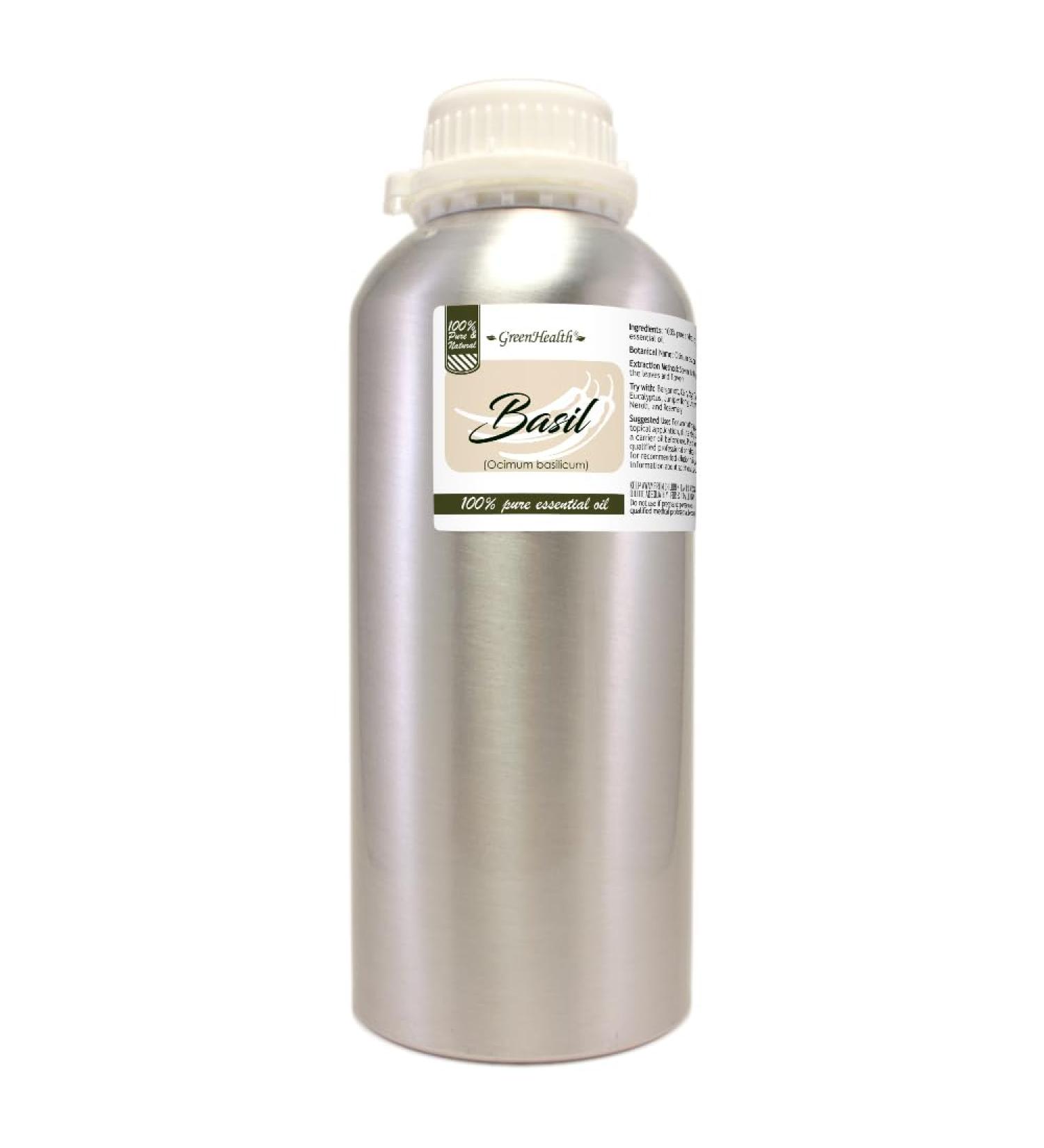 Basil Essential Oil 32 fl oz (946 ml) Aluminum Bottle w/Plug Cap 100% Pure Essential Oil GreenHealth - Buy Online on GoSupps.com