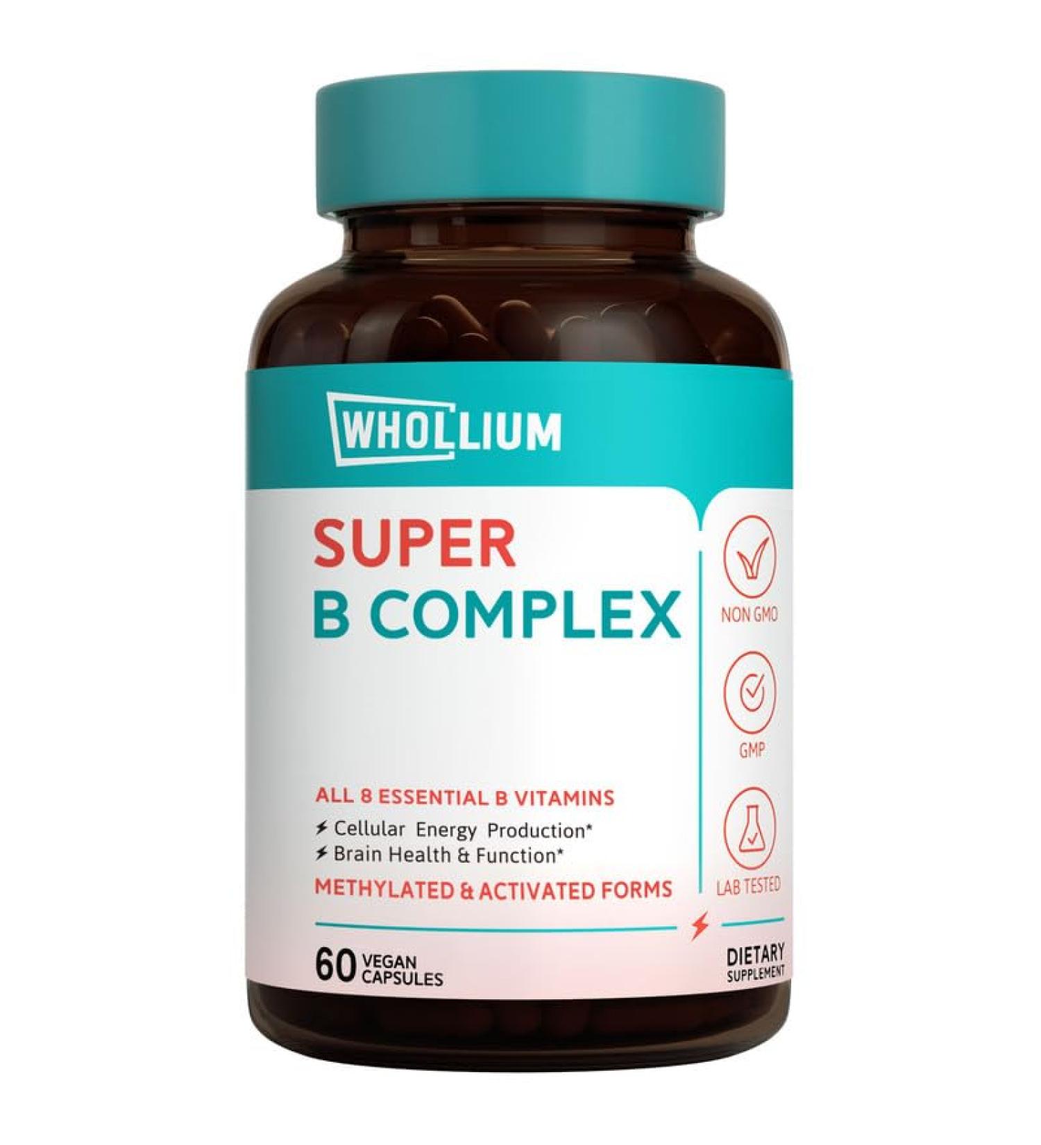 Whollium Vitamin B Complex with Methyl B12, Folate, Niacinamide & Biotin - Energy & Brain Support - 60 Vegan Caps - Buy Online on GoSupps.com